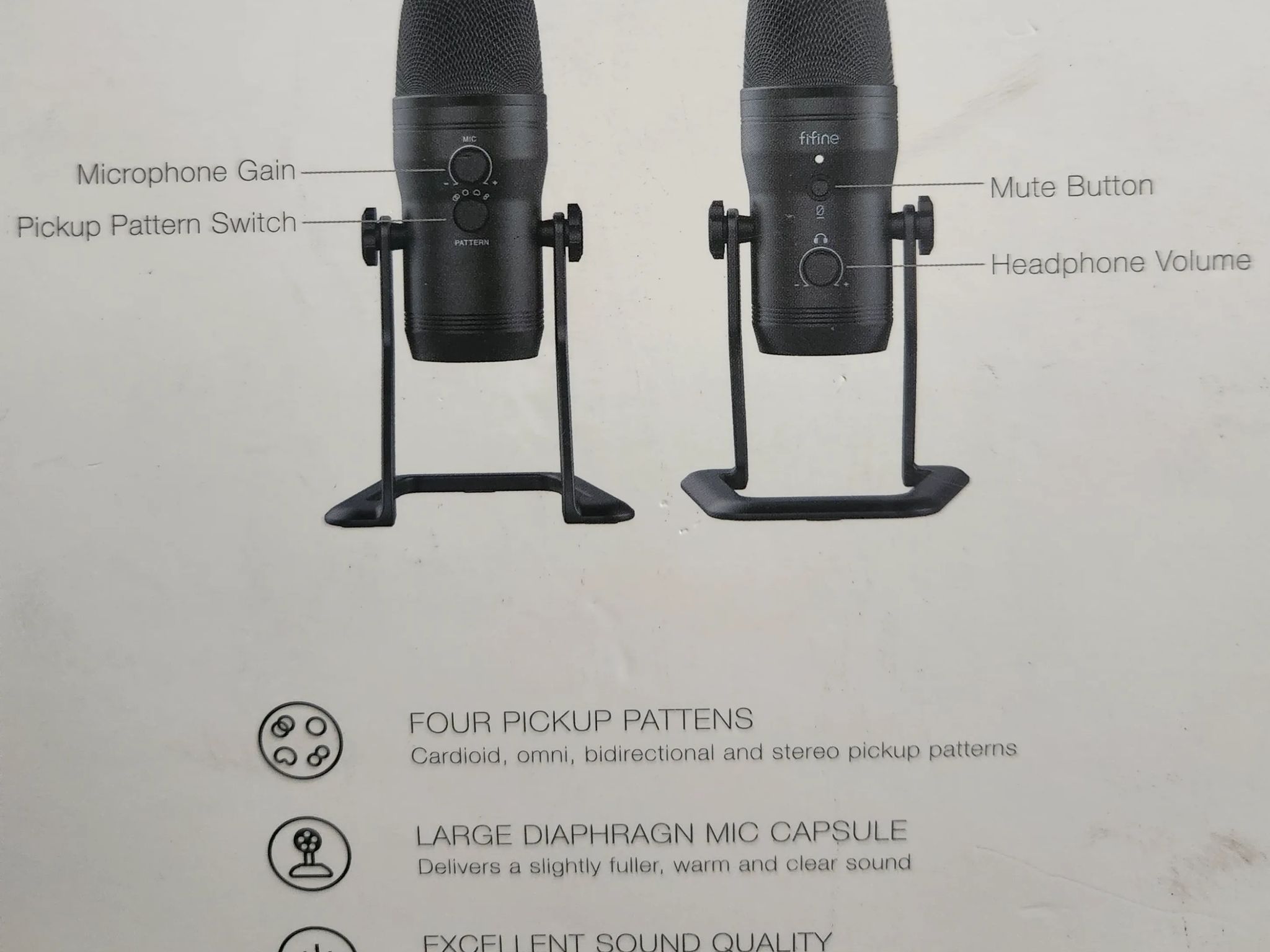 FIFINE K690 USB Studio Recording Microphone with Mute Button & Headphone Jack, Four Pickup Patterns