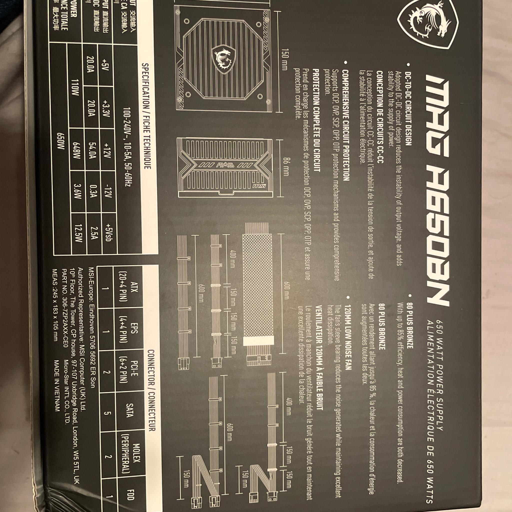 MSI MAG A650BN Gaming Power Supply - 80 Plus Bronze Certified 650W - Compact Size - ATX PSU