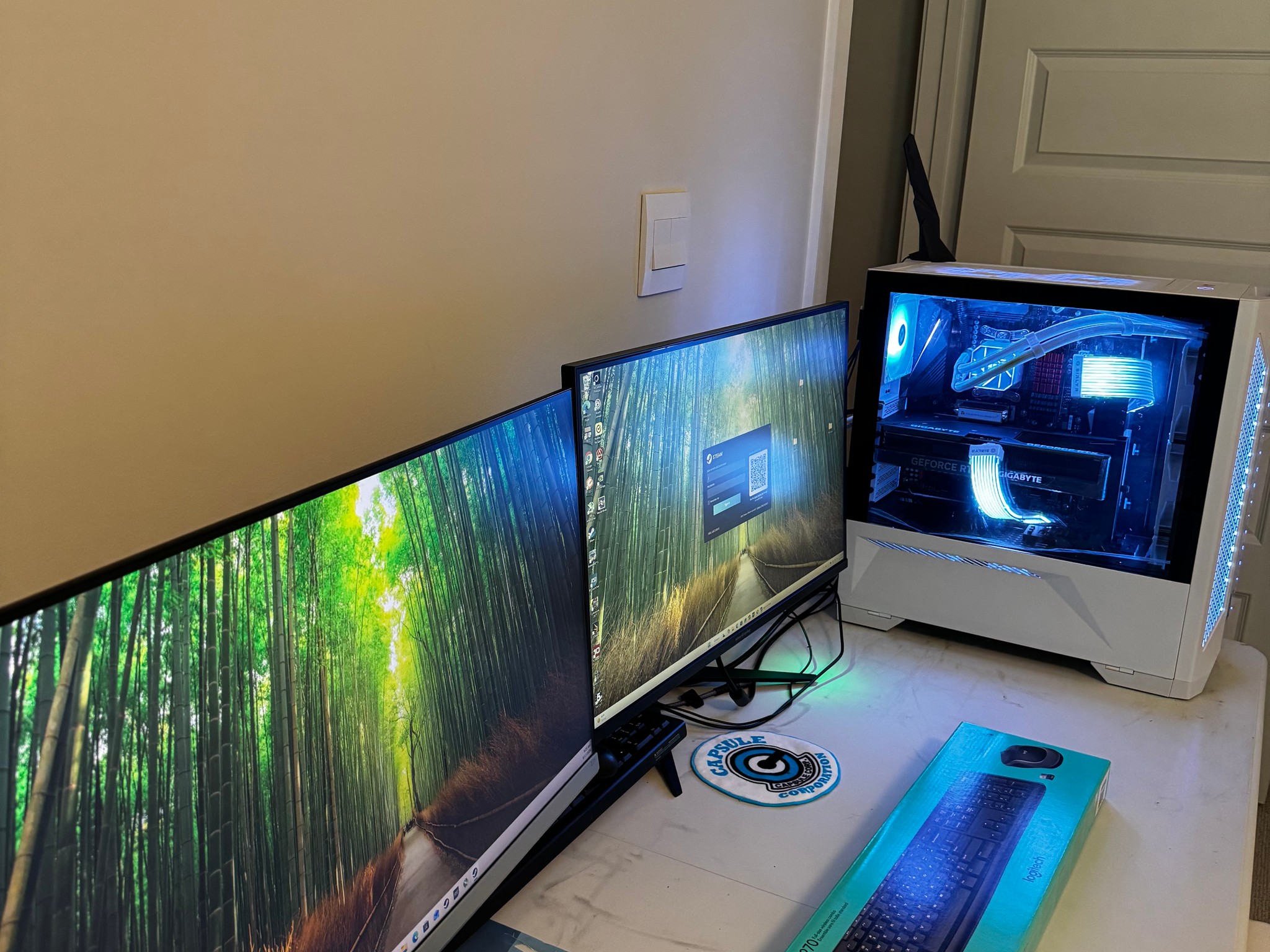AMD AM4 new build Whiteout RTX 4070 Ti Gaming PC Build (12-Core Ryzen) + 2K and 1080p Monitors