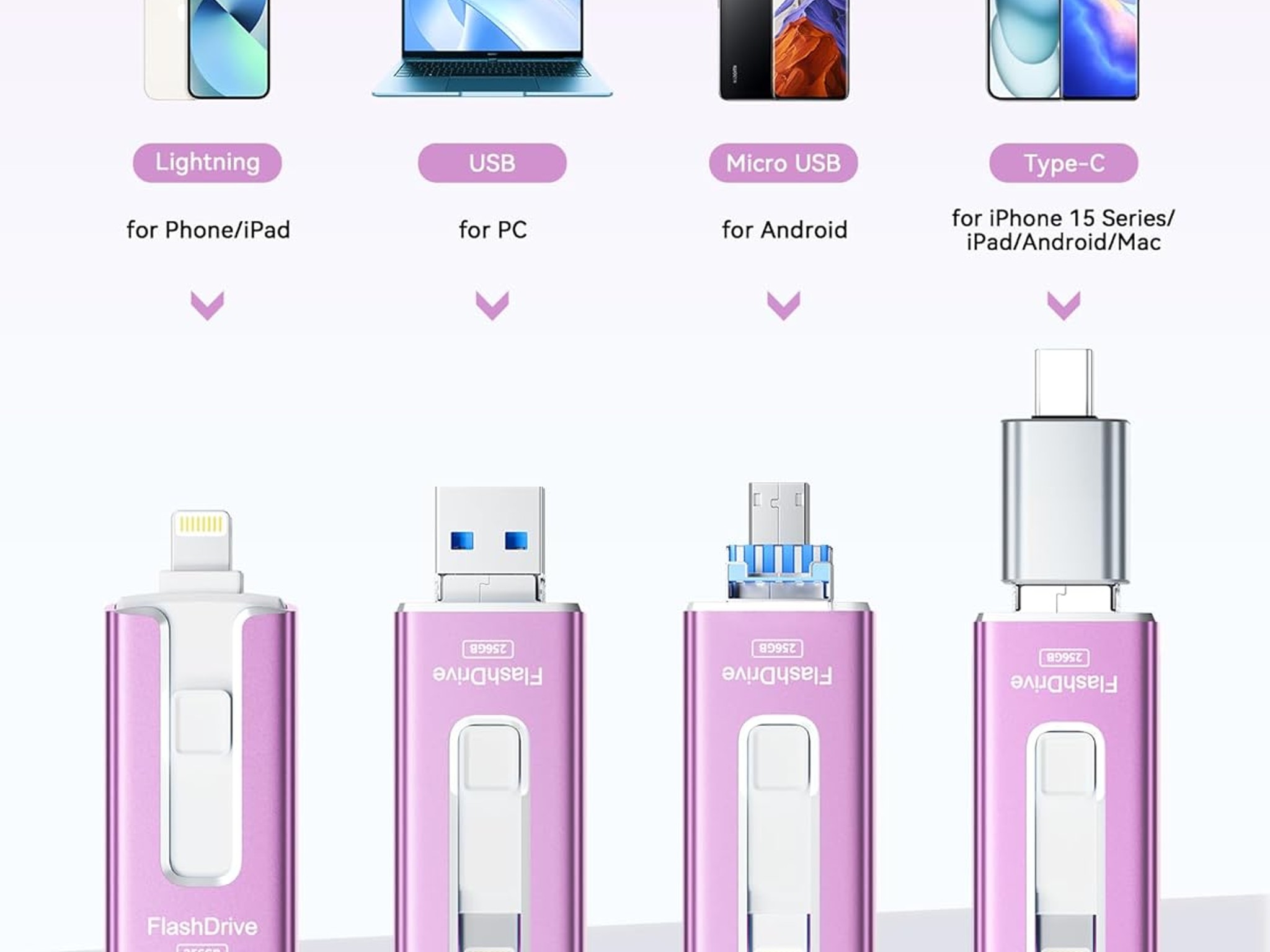 MFi Certified 256GB Flash Drive USB Memory Stick Thumb Drive USB Stick iPhone iPad Android PC Purple