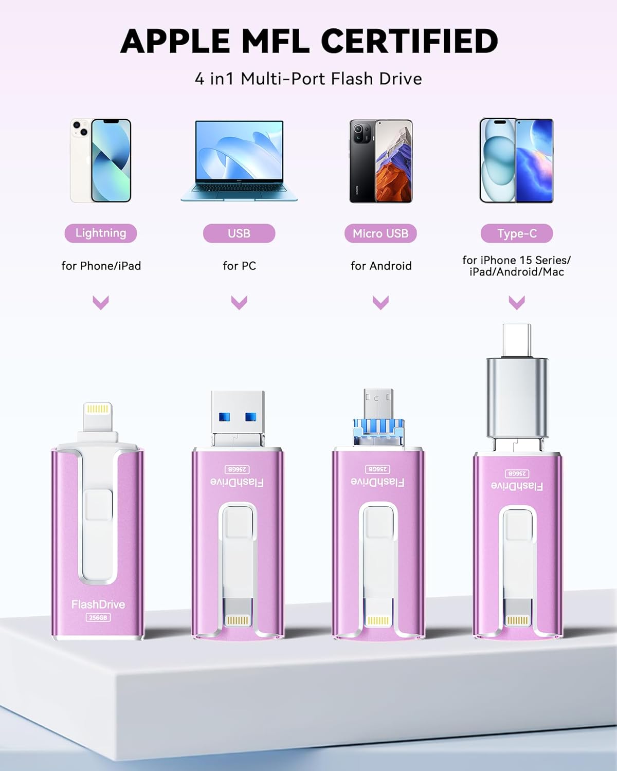 MFi Certified 256GB Flash Drive USB Memory Stick Thumb Drive USB Stick iPhone iPad Android PC Purple