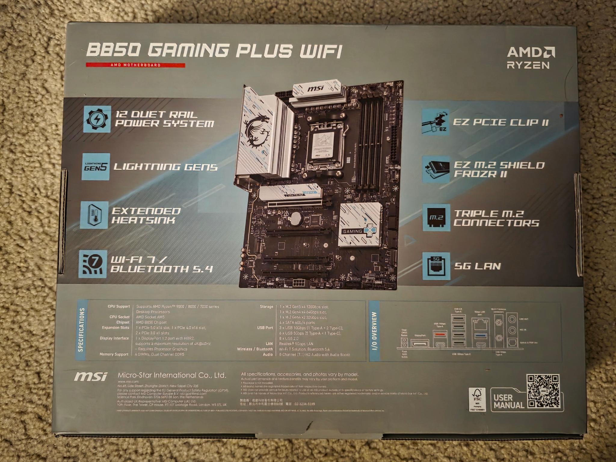 MSI B850 GAMING PLUS WIFI 7 AM5 ATX Motherboard Brand New Sealed