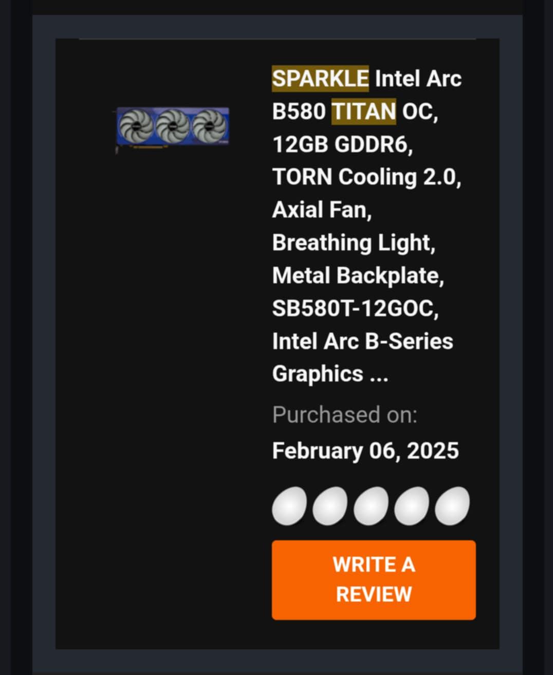 Sparkle Intel Arc B580 Titan OC - Perfect Condition - Used Casually