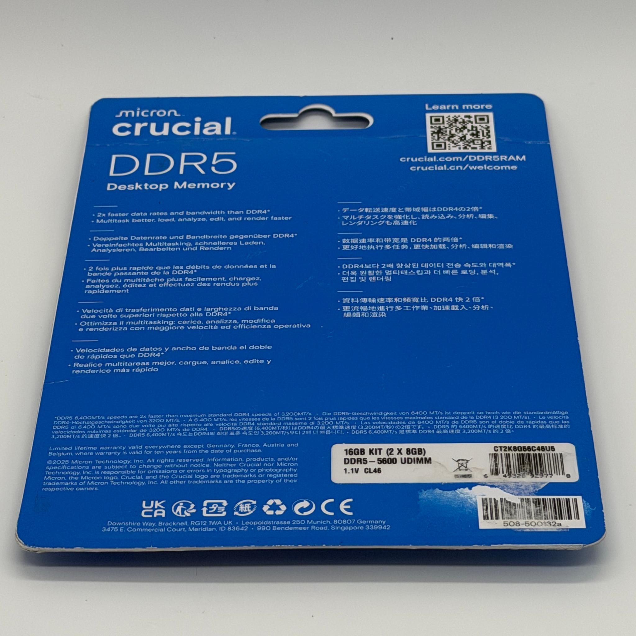 Crucial RAM 16GB Kit (2x8GB) DDR5 5600MHz UDIMM Desktop Memory CT2K8G56C46U5