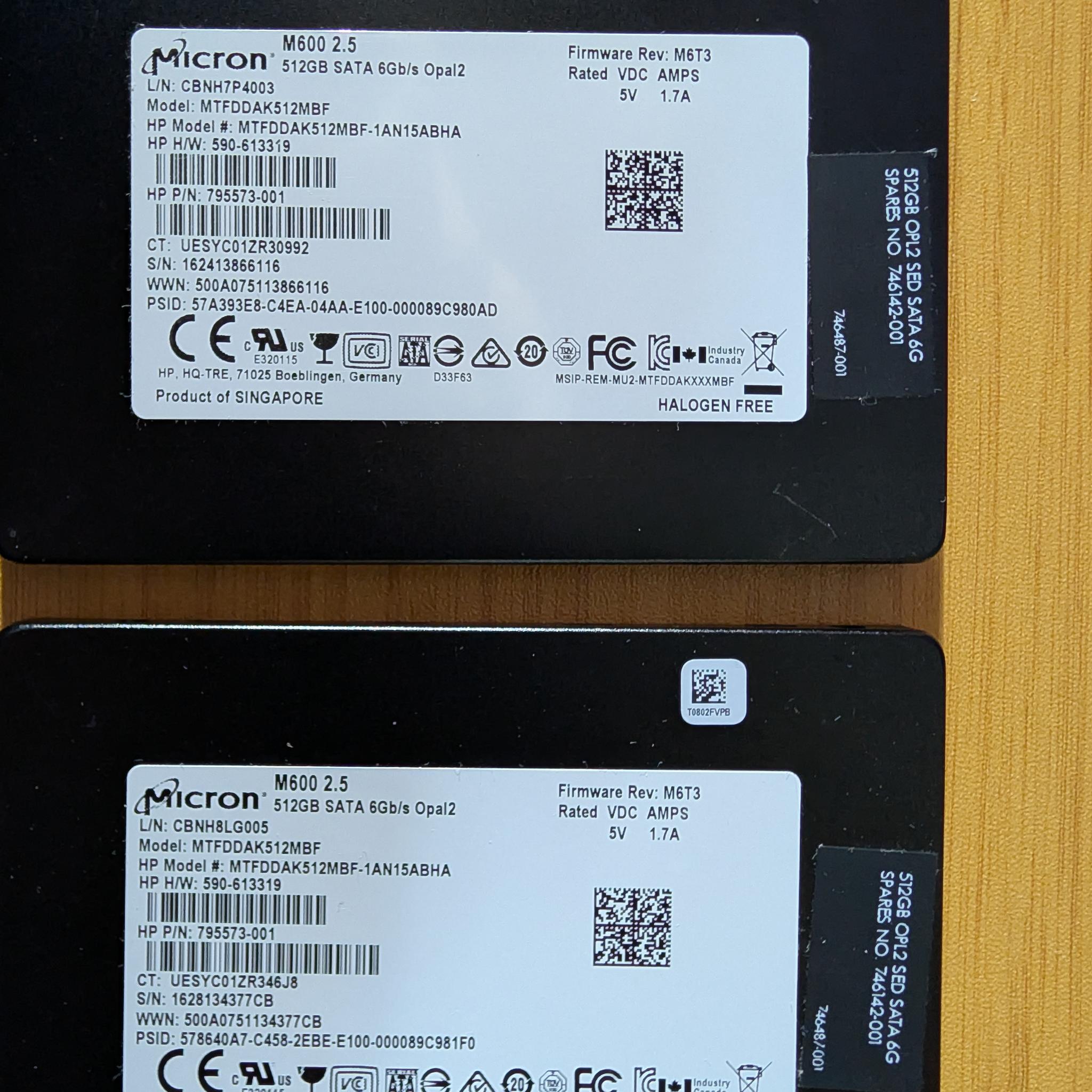 [Like New] 2x Micron M600 512GB SSD - Only 27 & 57 Hours