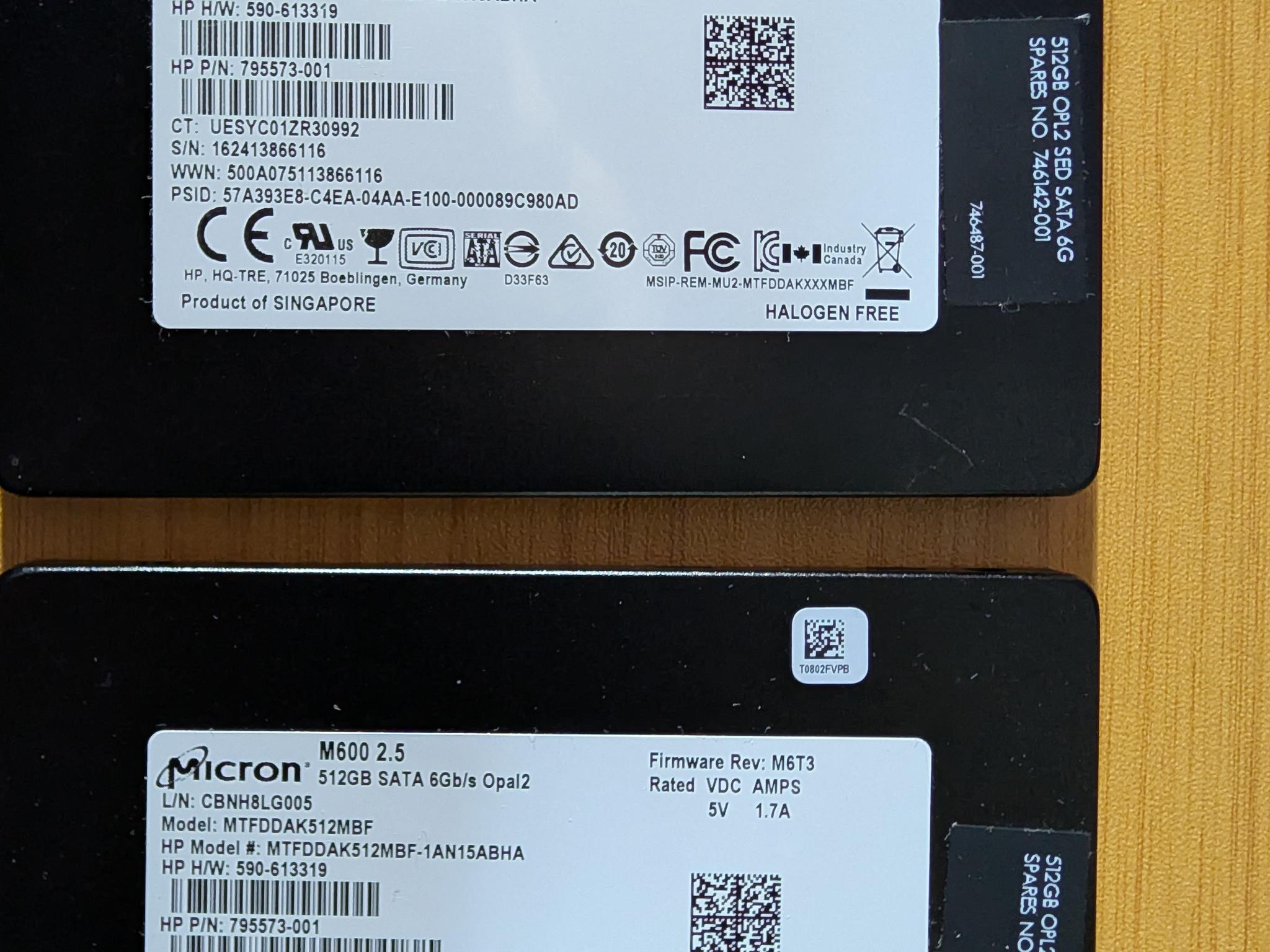 [Like New] 2x Micron M600 512GB SSD - Only 27 & 57 Hours