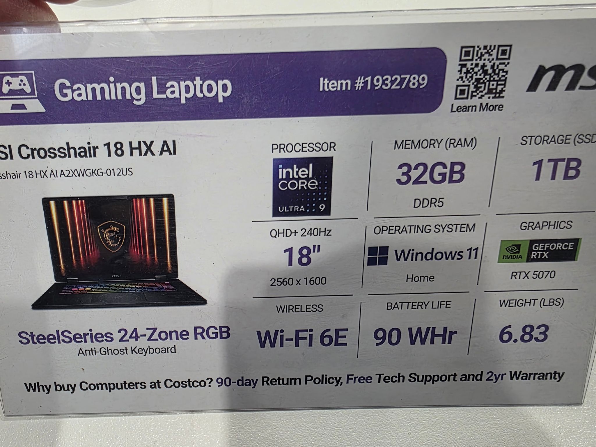 MSI Crosshair 18 HX 240Hz QHD+ 1600p Gaming Laptop l RTX 5070 l Intel I9 275 HX l 32GB DDR5