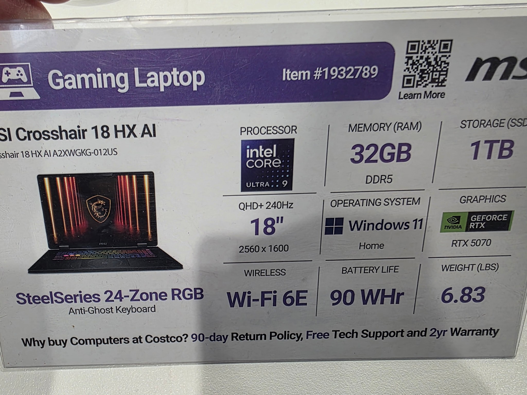 MSI Crosshair 18 HX 240Hz QHD+ 1600p Gaming Laptop l RTX 5070 l Intel I9 275 HX l 32GB DDR5
