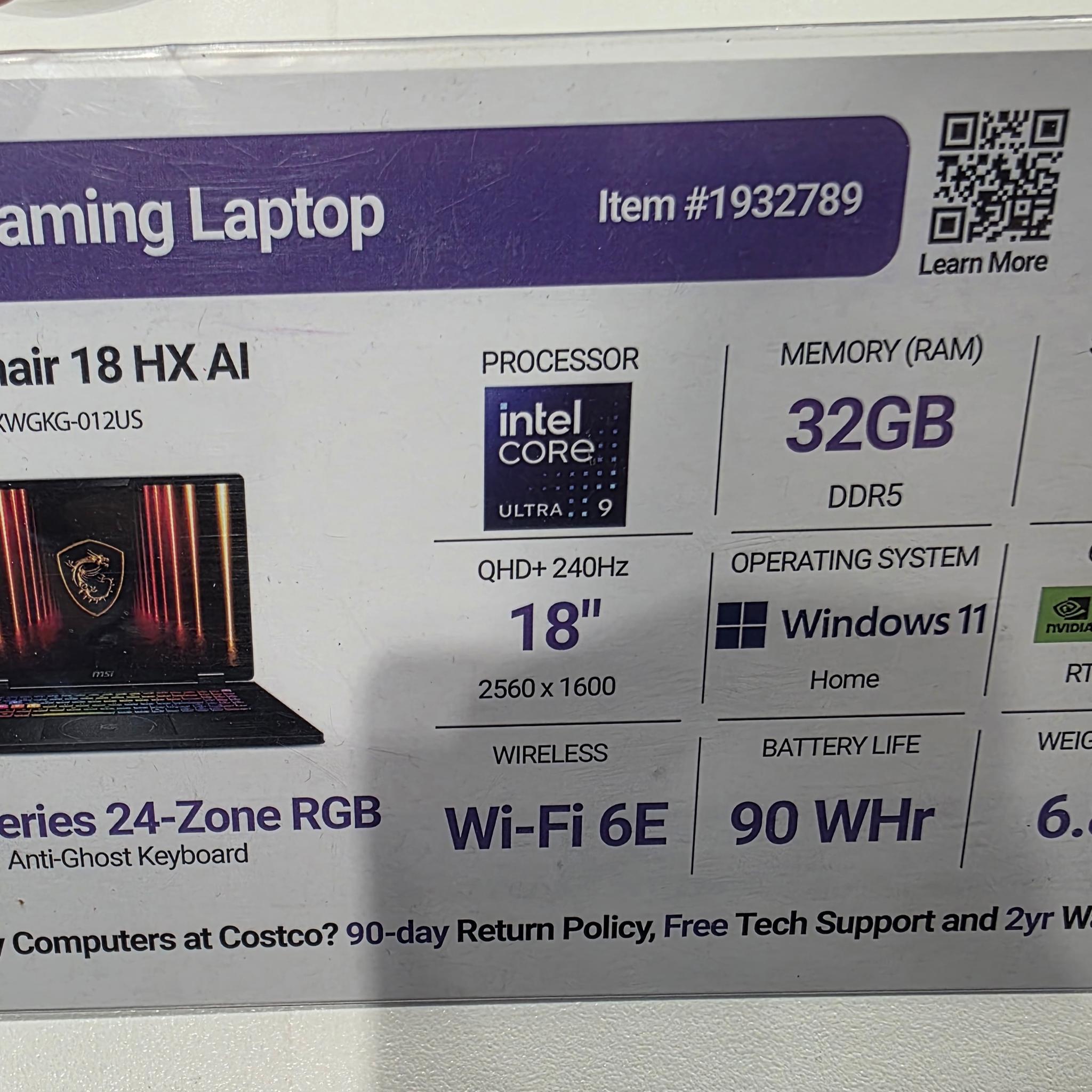 MSI Crosshair 18 HX 240Hz QHD+ 1600p Gaming Laptop l RTX 5070 l Intel I9 275 HX l 32GB DDR5