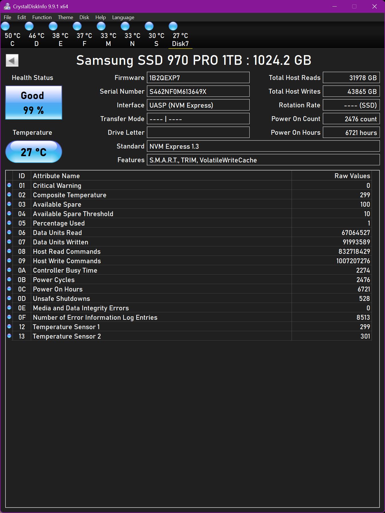 Samsung 970 PRO 1TB PCIE 3.0x4 M.2 2280 NVMe 1.3 SSD