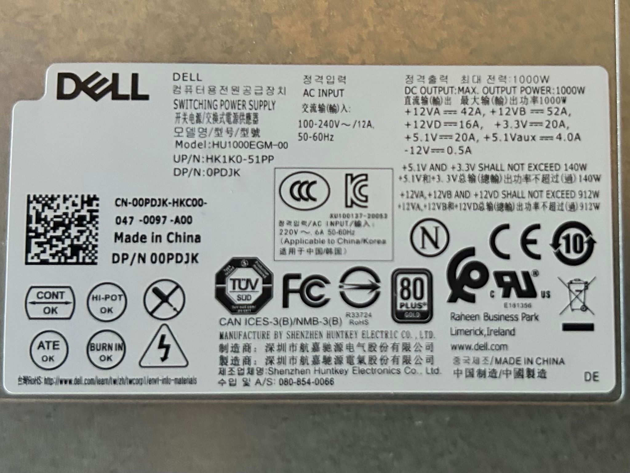 Dell Alienware Aurora 1000W PSU Power Supply (0PDJK) + Braided Cables – Fits R5-R12 & Precision