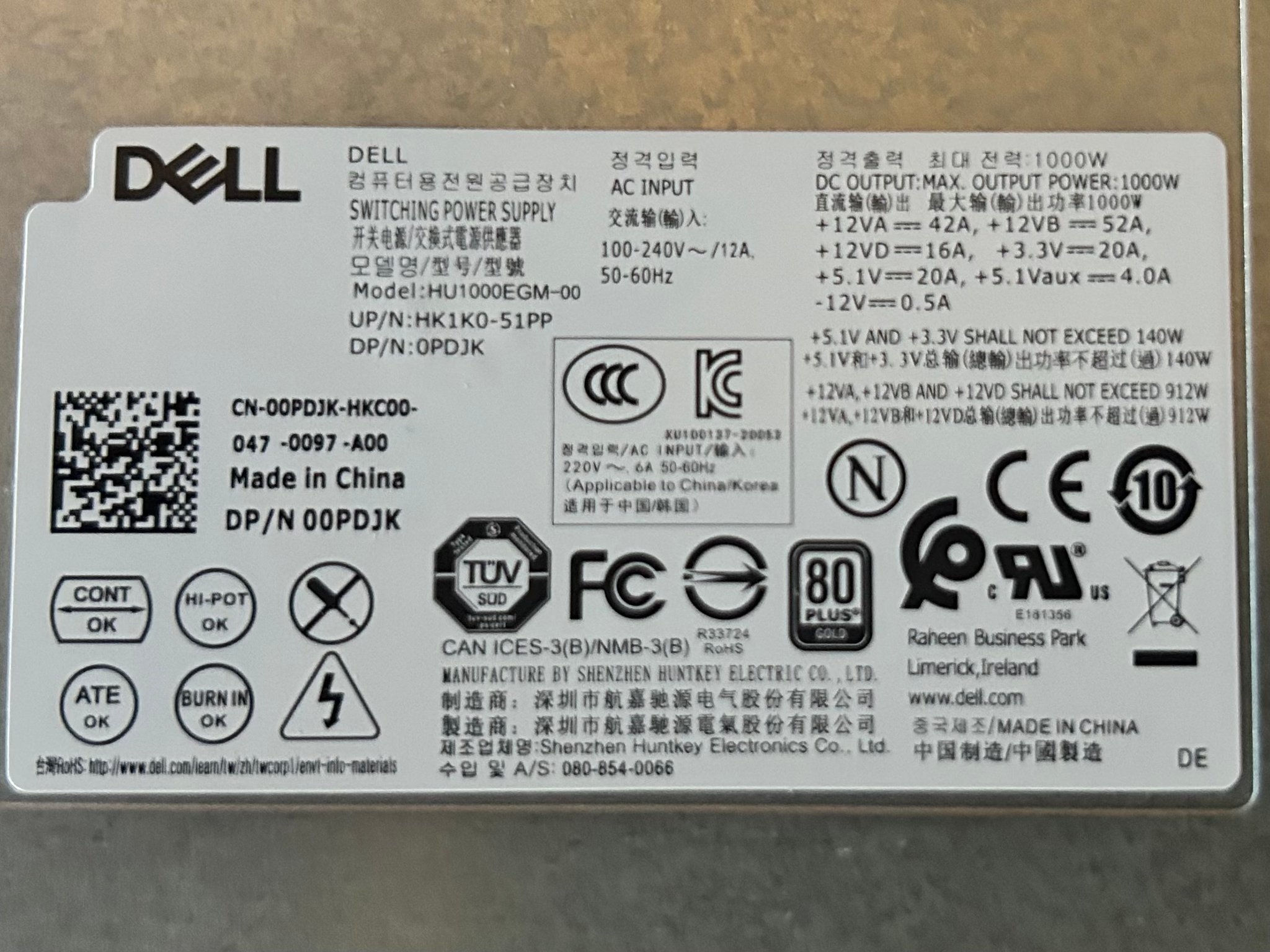 Dell Alienware Aurora 1000W PSU Power Supply (0PDJK) + Braided Cables – Fits R5-R12 & Precision