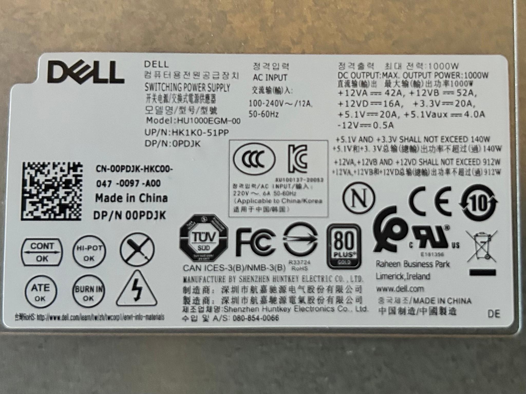 Dell Alienware Aurora 1000W PSU Power Supply (0PDJK) + Braided Cables – Fits R5-R12 & Precision