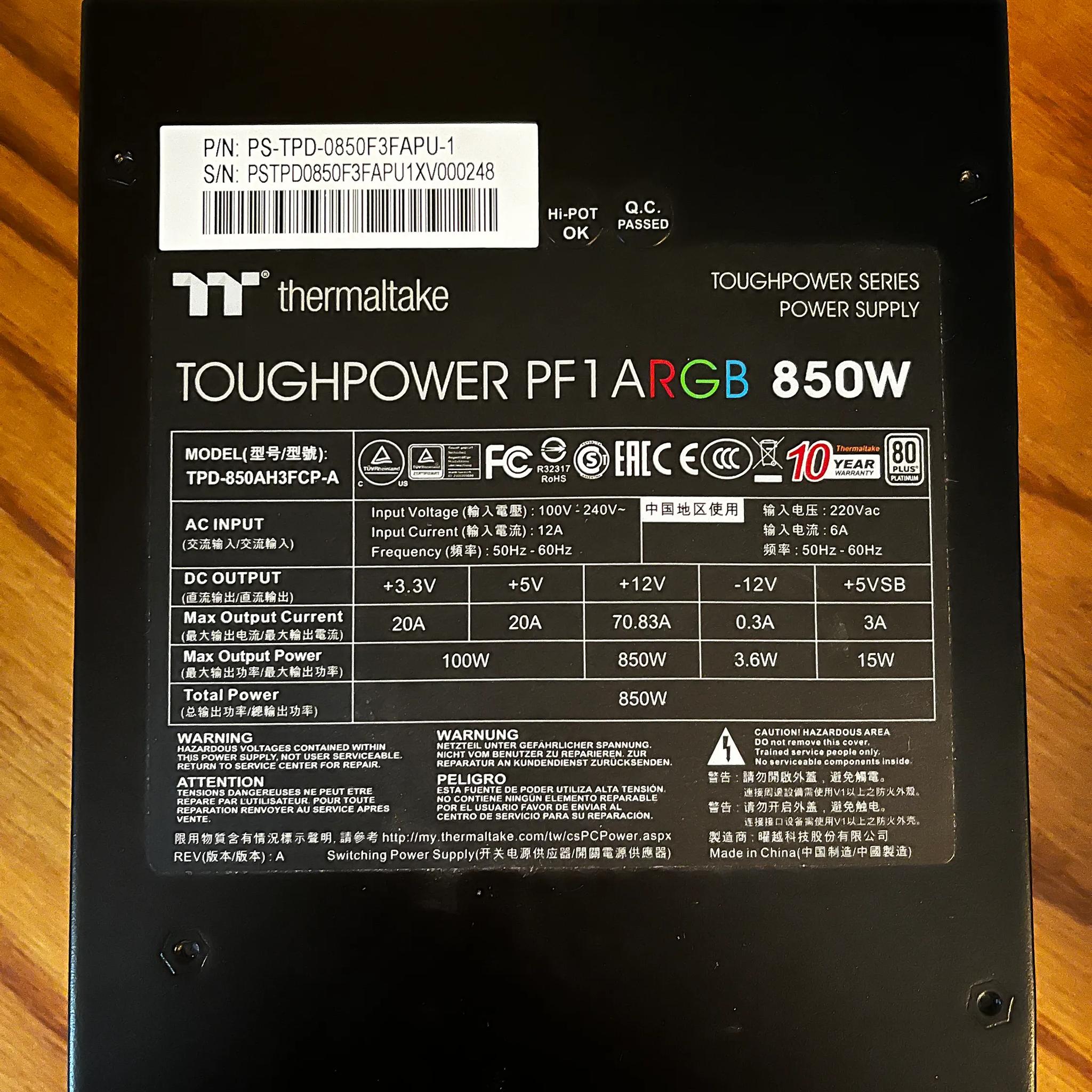 Thermaltake Toughpower PF1 ARGB 850W Platinum rated high-end PSU