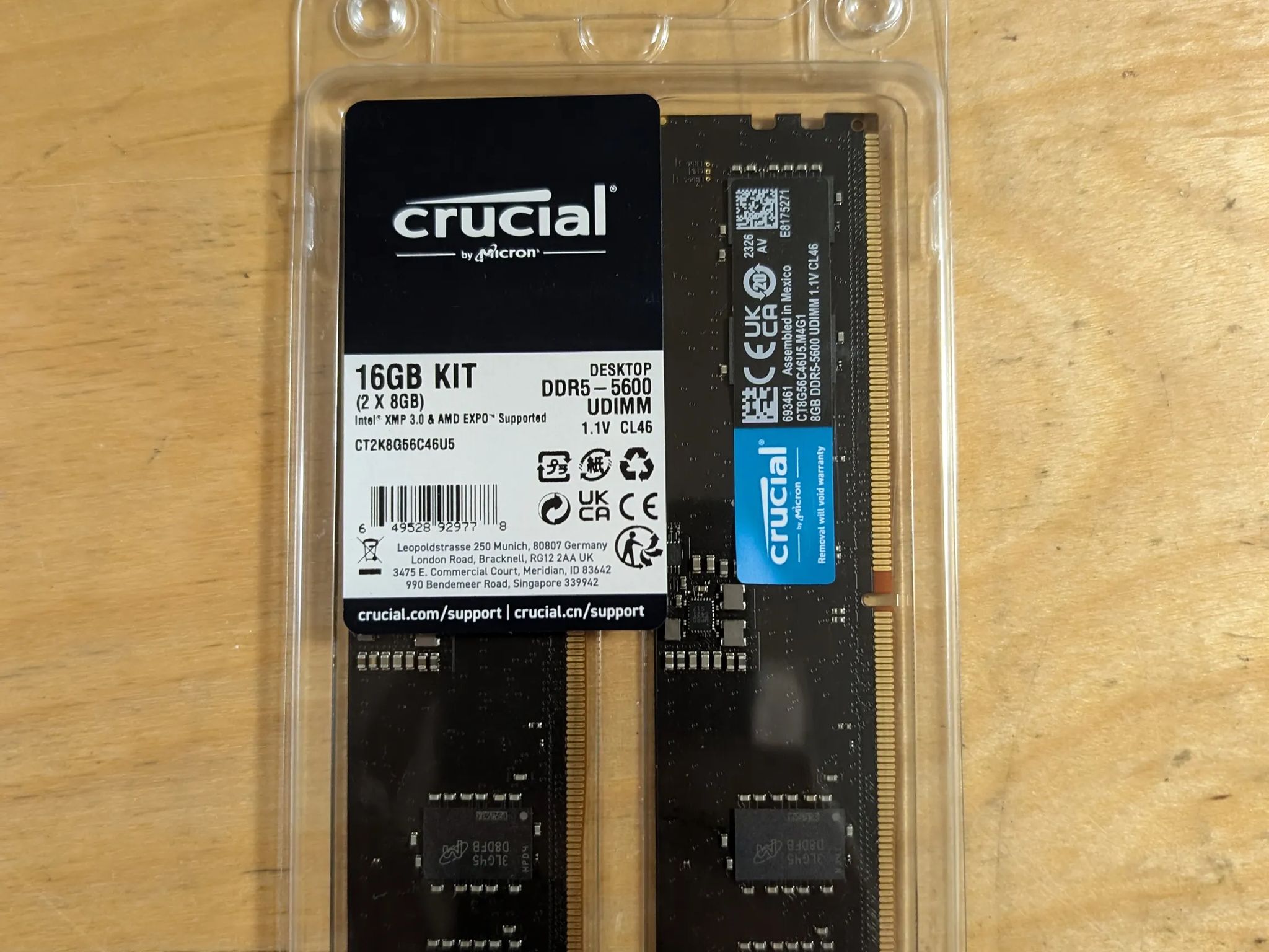 16GB DDR5 5600mhz Crucial Desktop Memory kit of 2x8gb