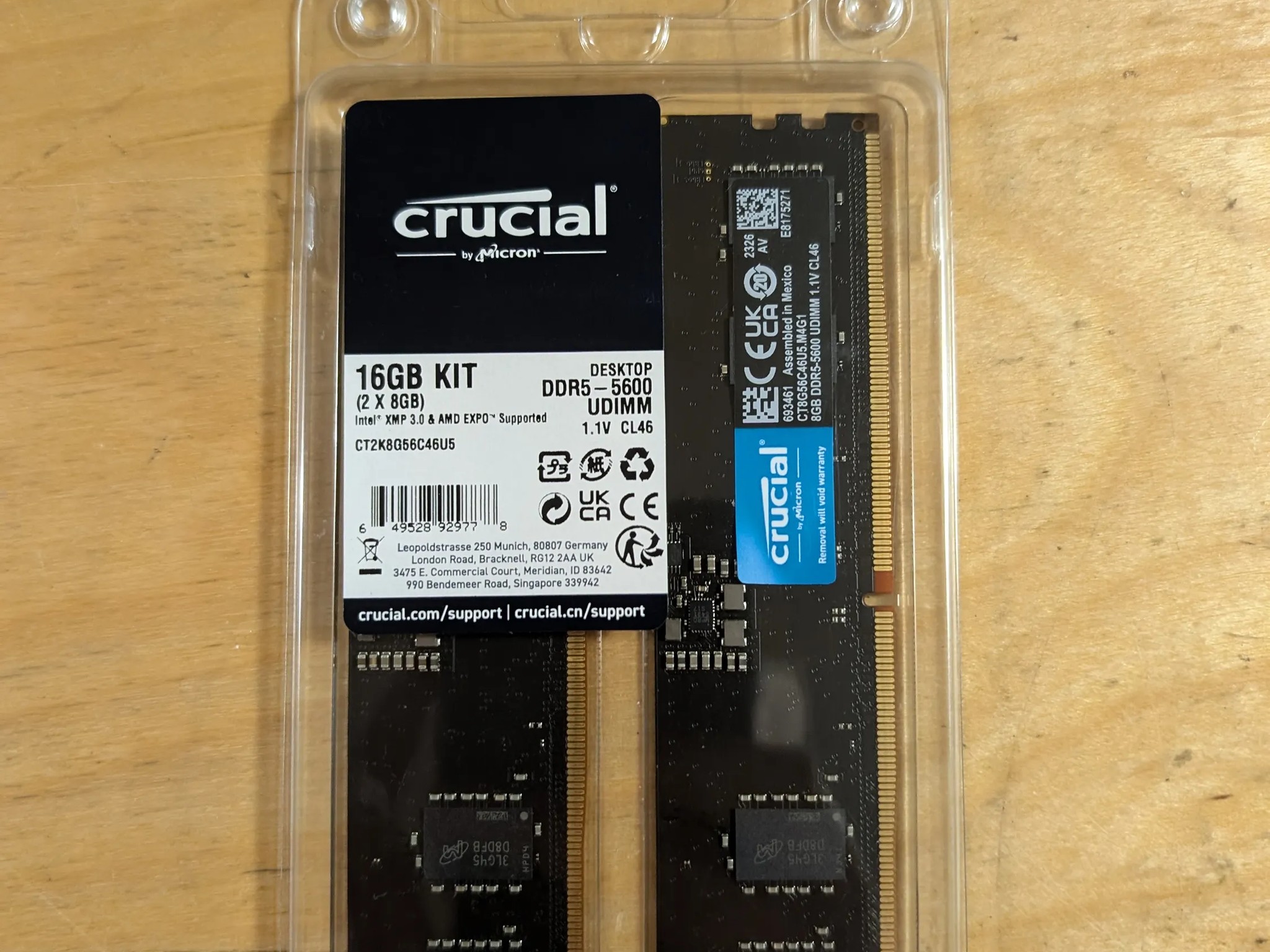 16GB DDR5 5600mhz Crucial Desktop Memory kit of 2x8gb