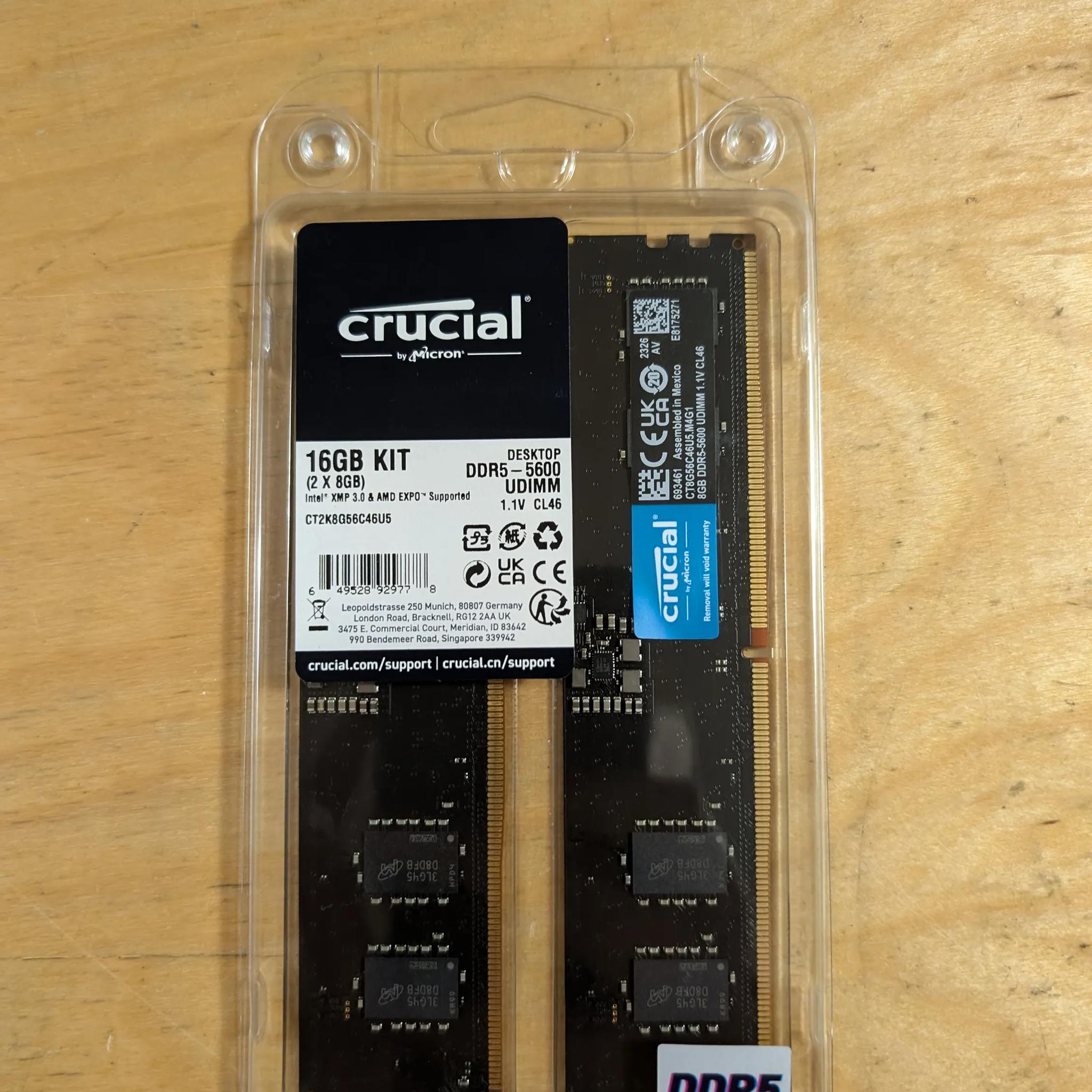 16GB DDR5 5600mhz Crucial Desktop Memory kit of 2x8gb