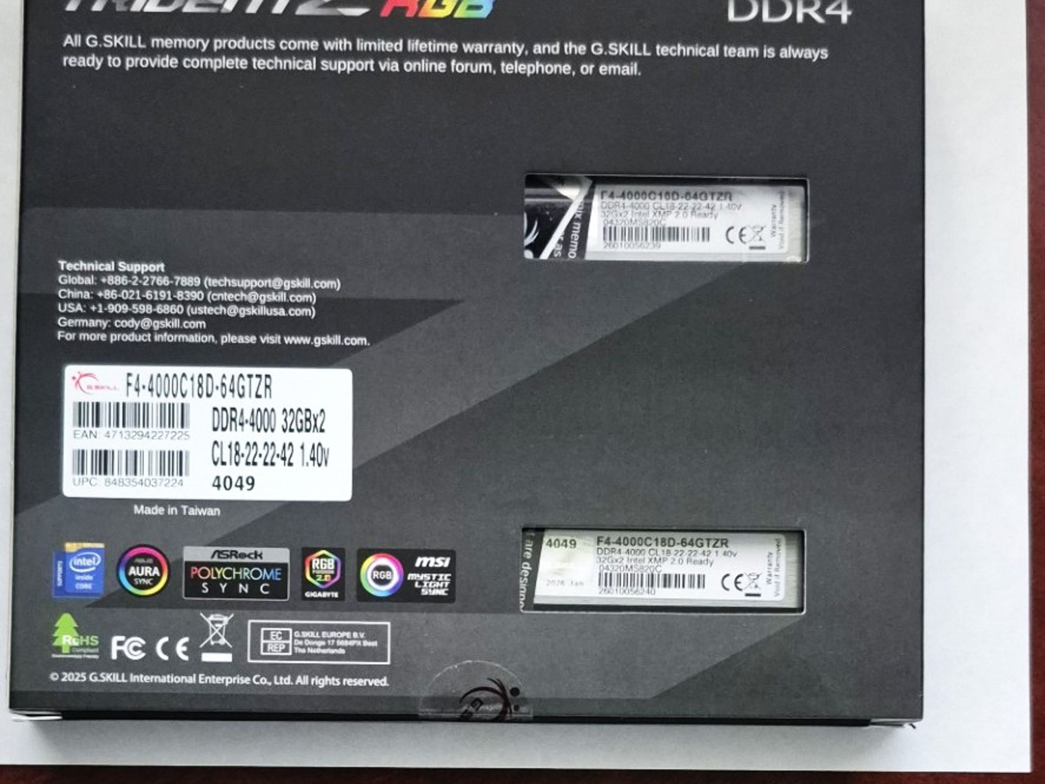 Trident Z RGB DDR4-4000 CL18-22-22-42 1.40V 64GB (2x32GB) NEW