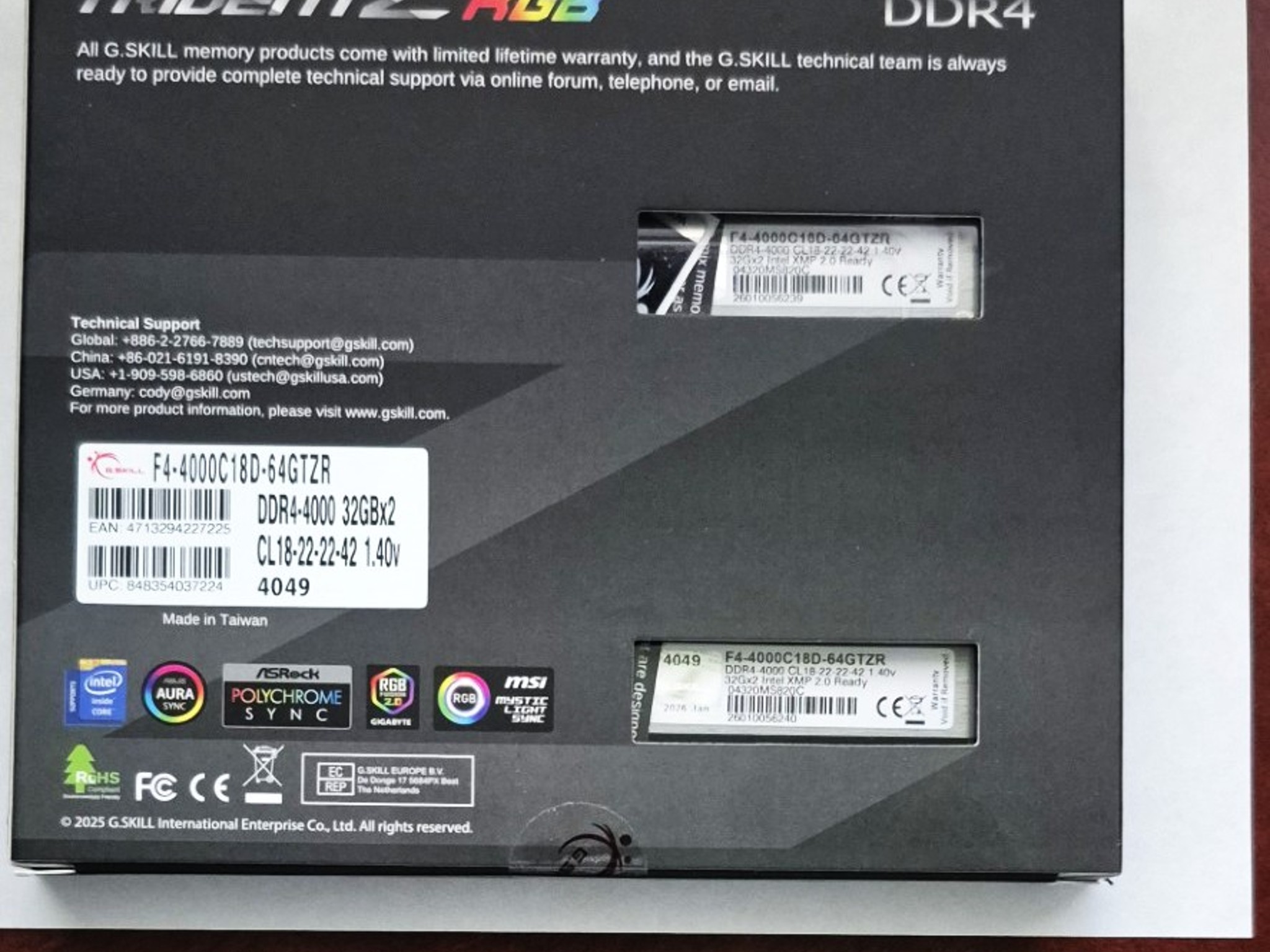 Trident Z RGB DDR4-4000 CL18-22-22-42 1.40V 64GB (2x32GB) NEW