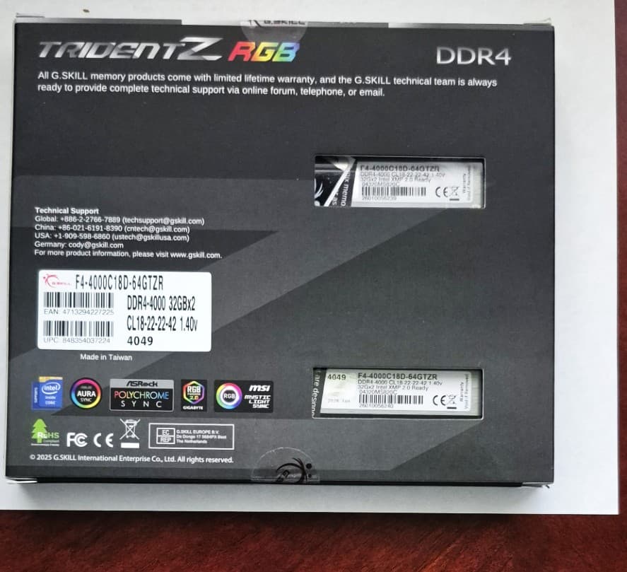 Trident Z RGB DDR4-4000 CL18-22-22-42 1.40V 64GB (2x32GB) NEW