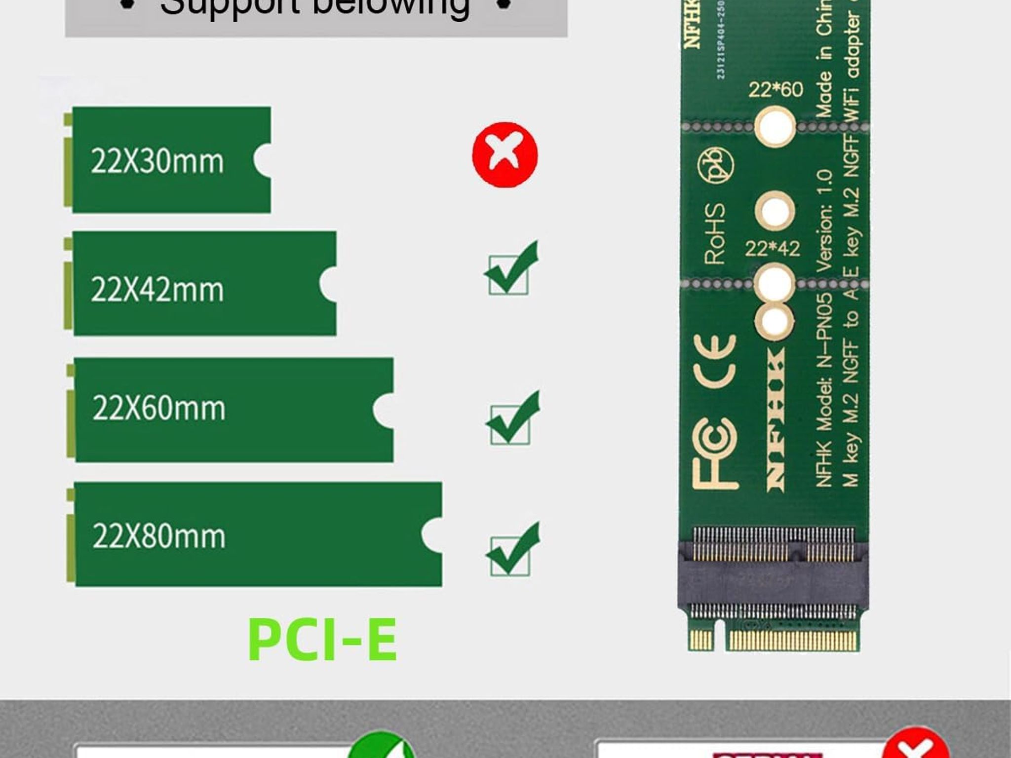 NFHK WiFi Riser Card NGFF Key-E Wireless Networking Card to M.2 NGFF NVME SSD Adapter Key-M