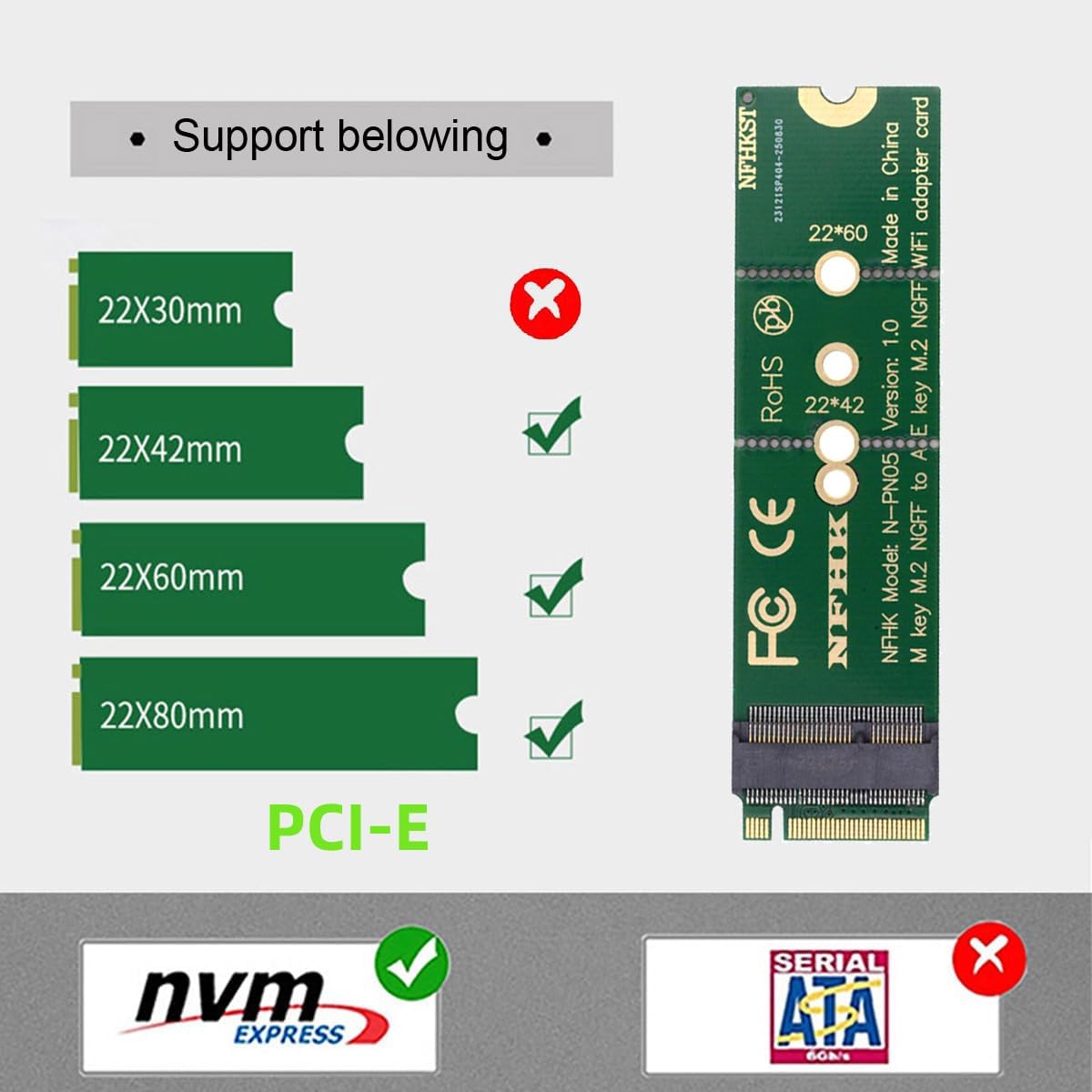 NFHK WiFi Riser Card NGFF Key-E Wireless Networking Card to M.2 NGFF NVME SSD Adapter Key-M