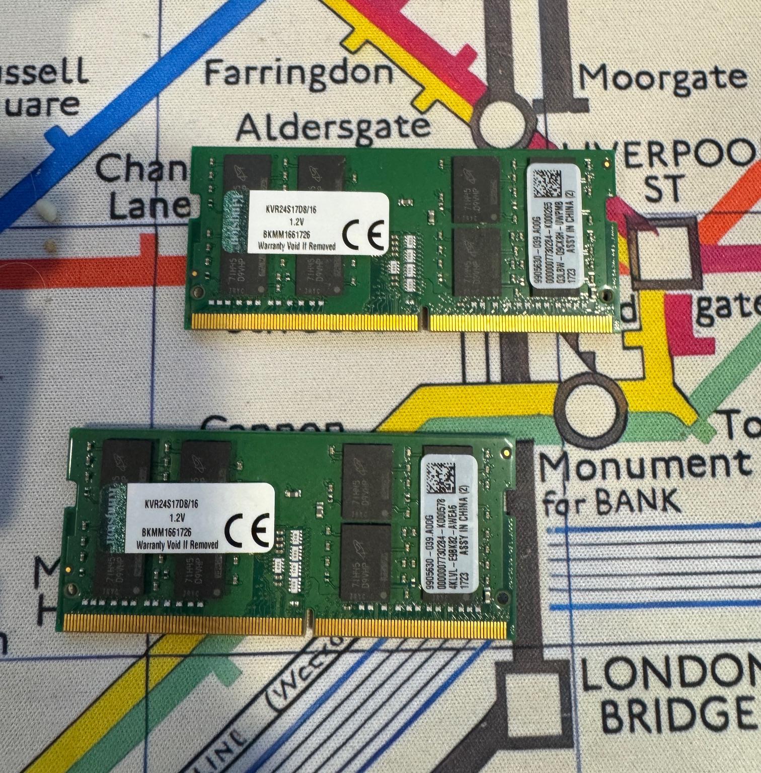Two 16 GB RAM Sticks Kingston KVR24S17D8/16