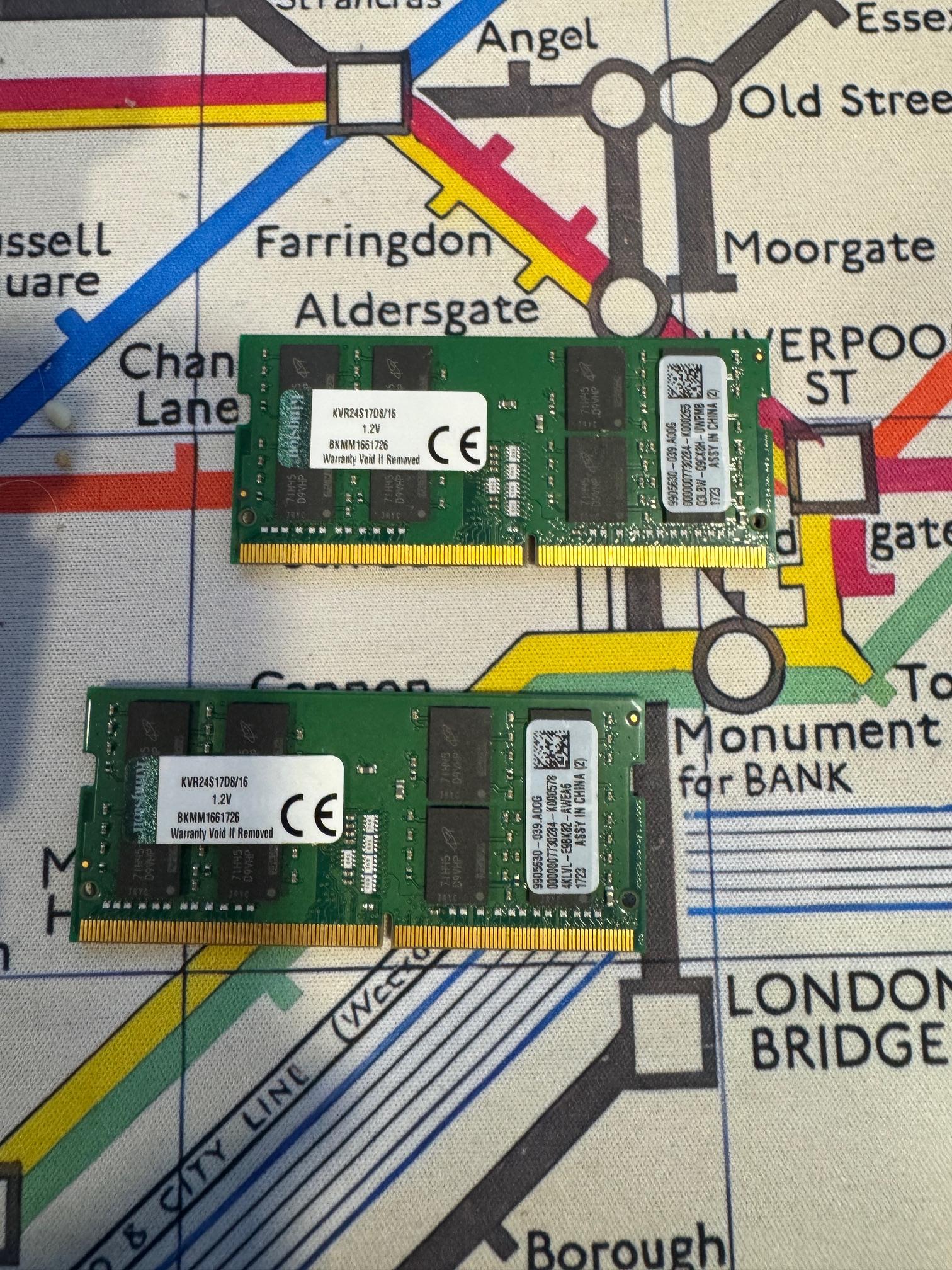Two 16 GB RAM Sticks Kingston KVR24S17D8/16