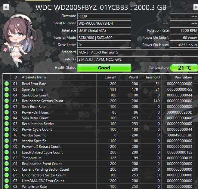 WD Gold 2TB Datacenter HDD WD2005FBYZ 7200RPM SATA – 10,253 Hours – Good SMART