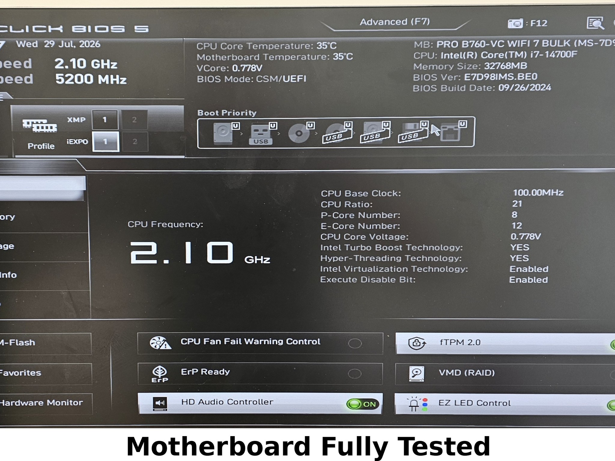 MSI B760 PRO SERIES PRO B760-VC WIFI 7 BULK LGA1700 DDR5 ATX Motherboard