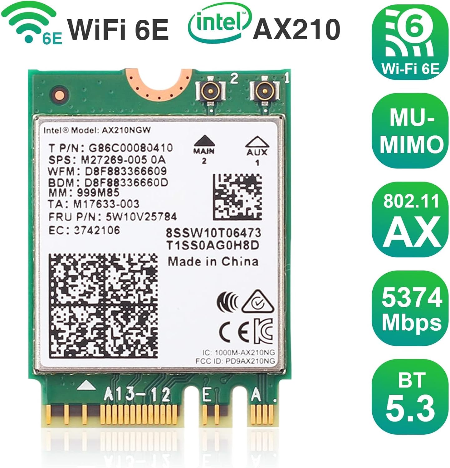WiFi 6E AX210 NGW Wireless Card Intel Laptop Network Adapter with Bluetooth 5.3 Tri-Band 5400Mbps