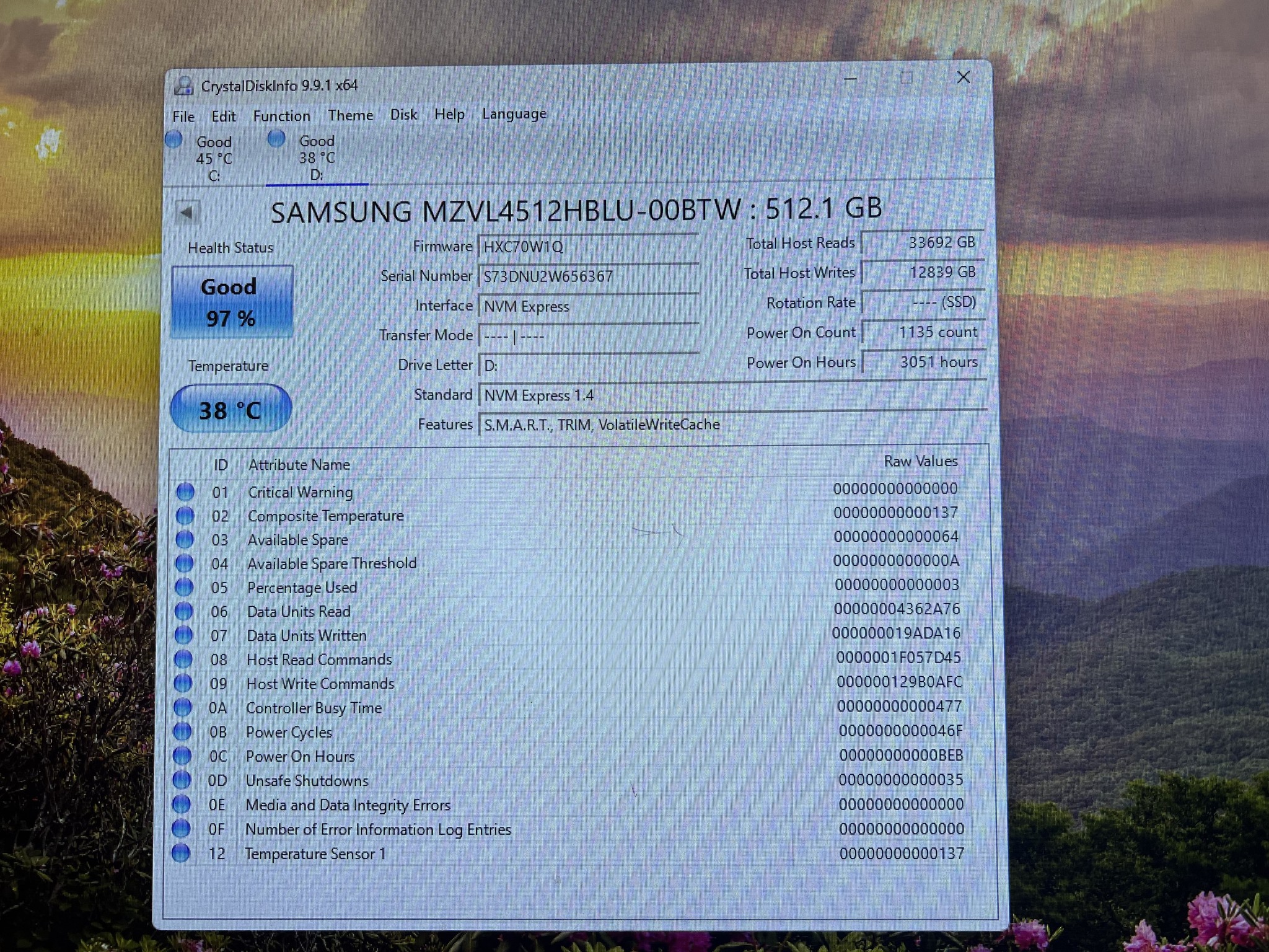 512GB PCIe Gen 4.0x4.0 M.2 NVMe SSD Samsung PM9B1 - 100% Health