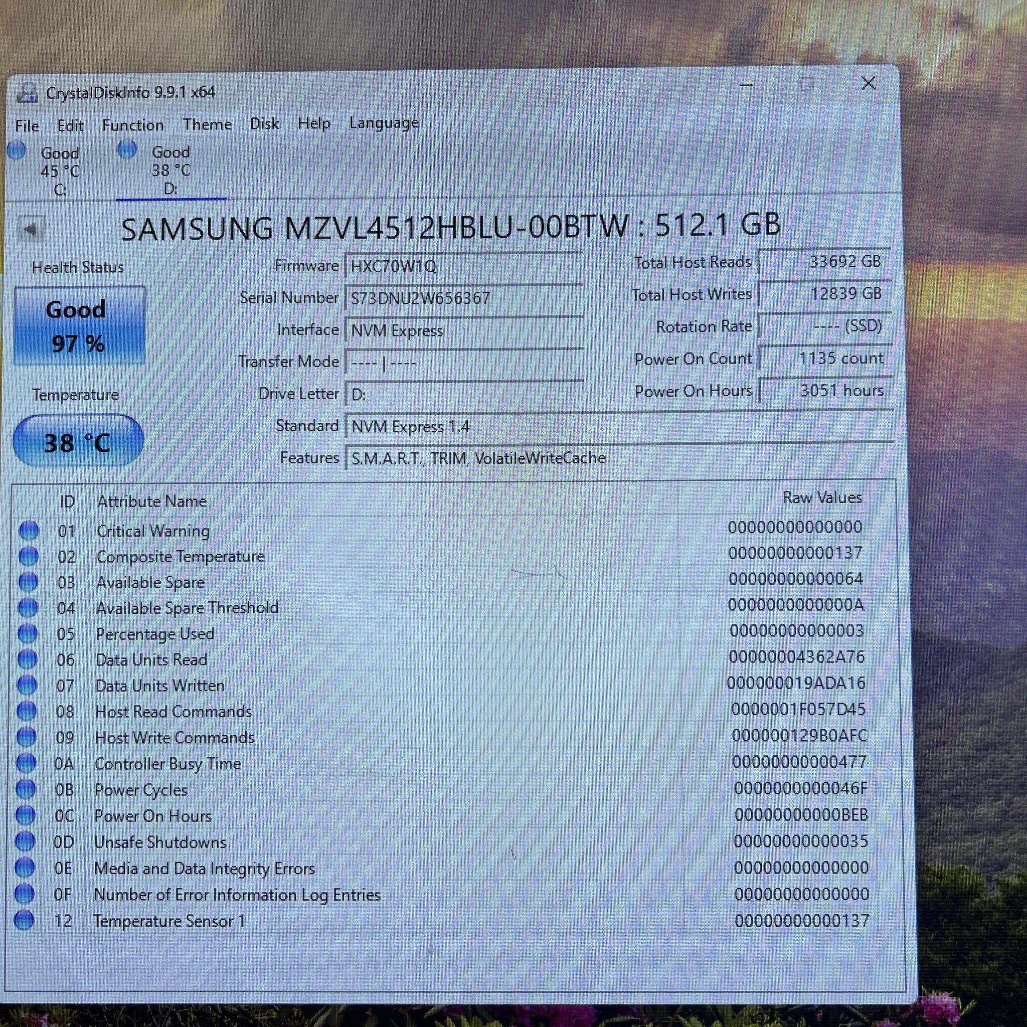 512GB PCIe Gen 4.0x4.0 M.2 NVMe SSD Samsung PM9B1 - 100% Health