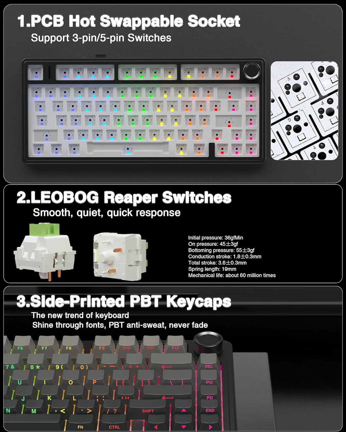 AULA F75 Pro Wireless Mechanical 75%, Pre-lubed Leobog Reaper Switches, with Knob, Hot Swappable