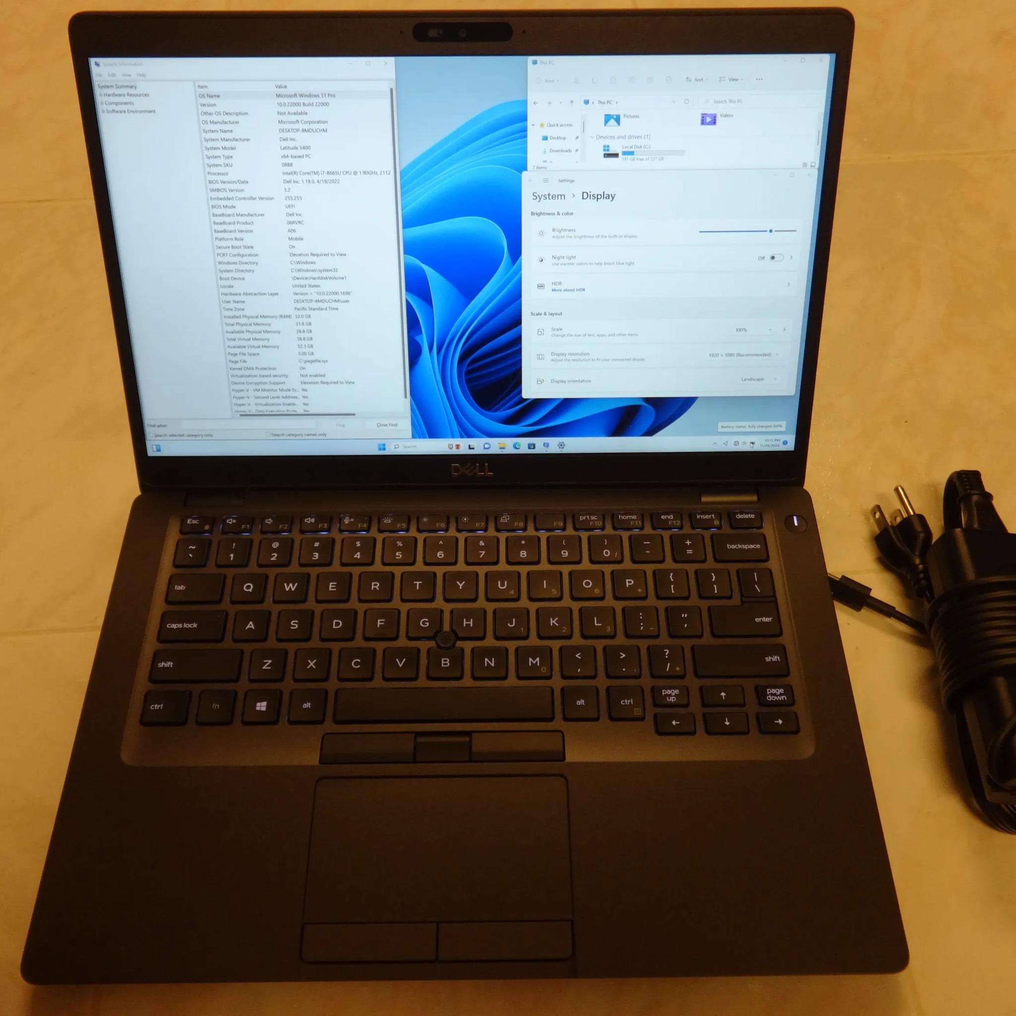 Dell 14" Latitude 5400 Intel i7-8665U 32GB Memory 256GB SSD Win11 Pro with USB-C Charger