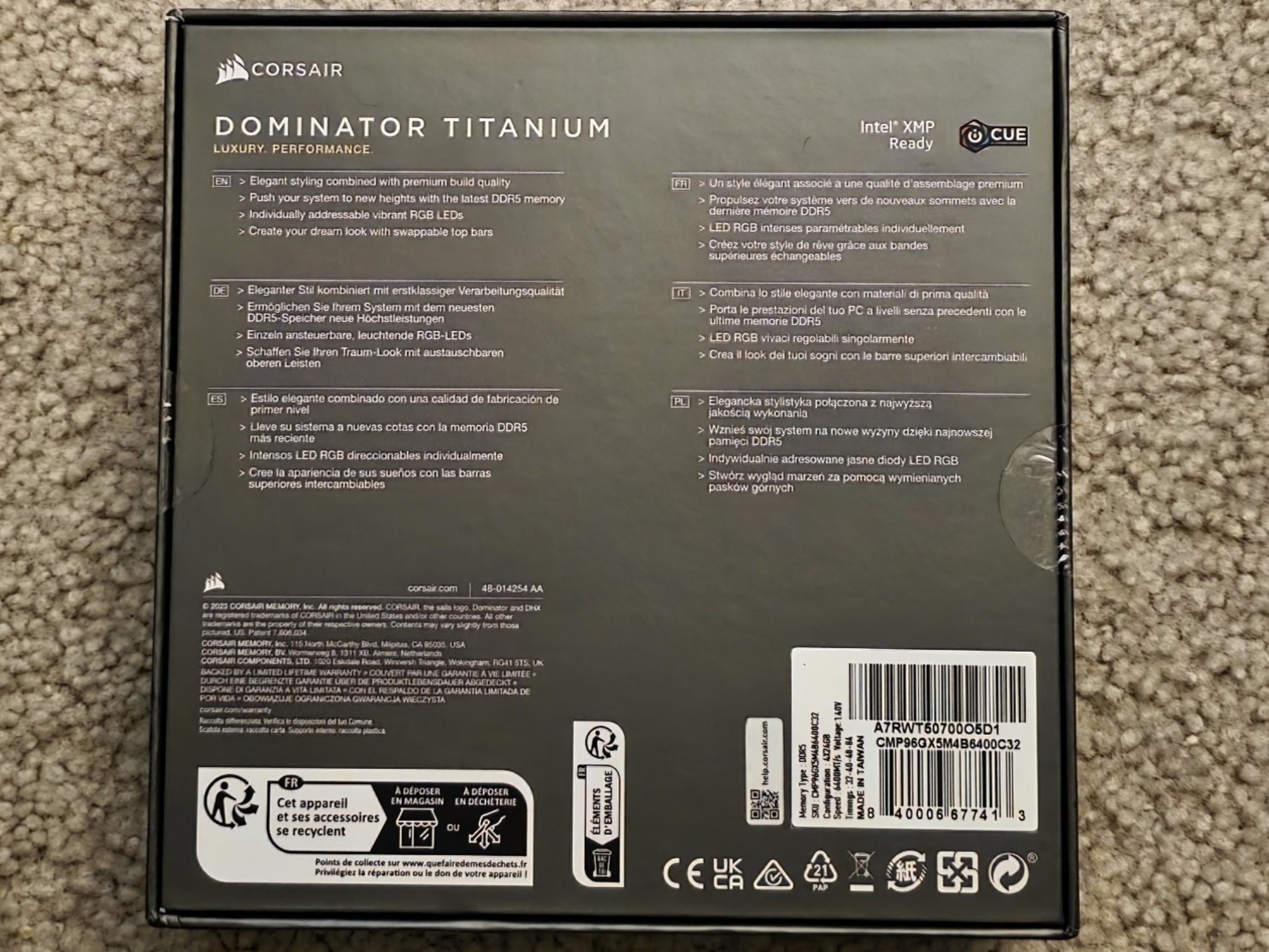 Corsair Dominator Titanium RGB 96GB (4 x 24GB) DDR5 6400MHz CL32-40-40-84 Black Brand New Sealed