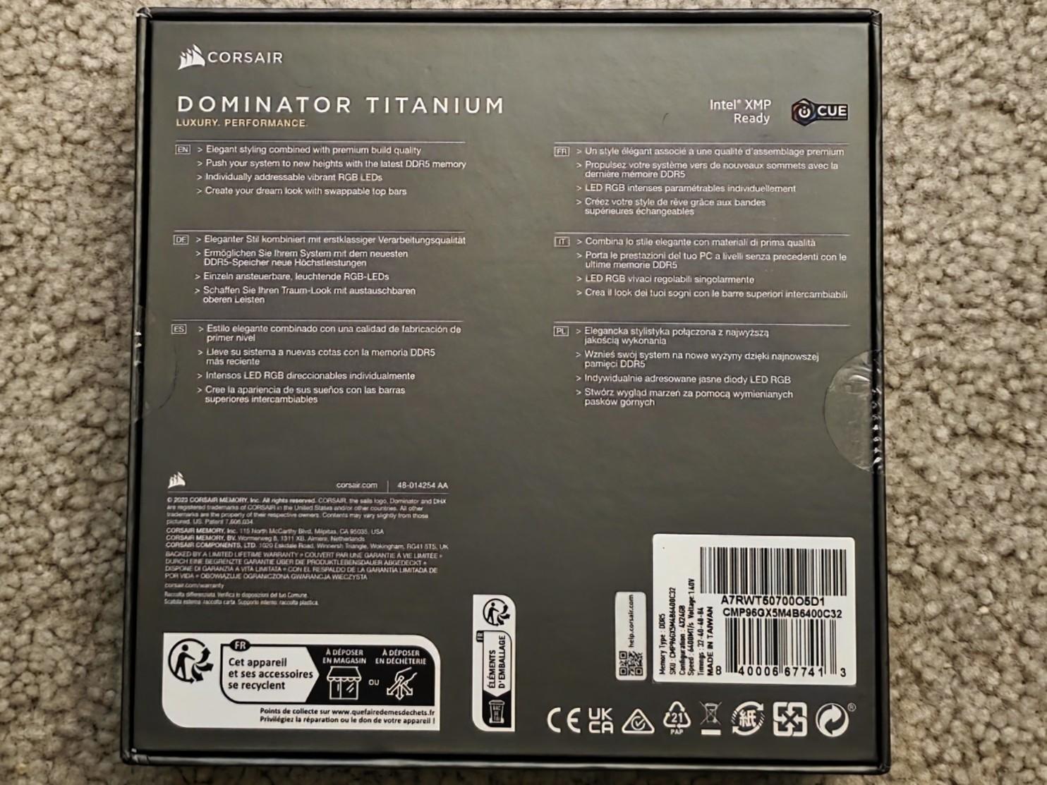 Corsair Dominator Titanium RGB 96GB (4 x 24GB) DDR5 6400MHz CL32-40-40-84 Black Brand New Sealed