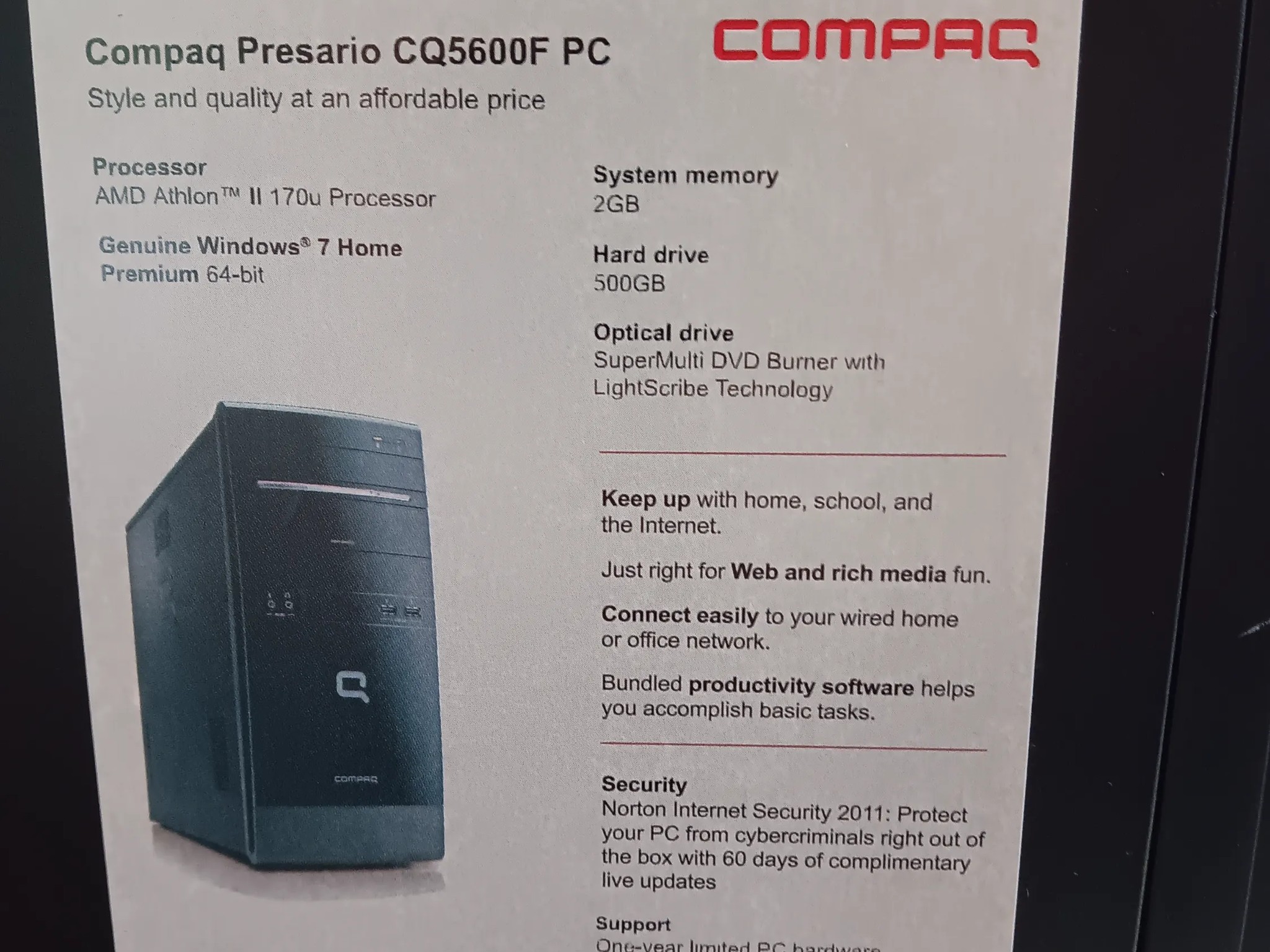 OEM Compaq Presario CQ5000 Series Mini-Tower Case W/Extras