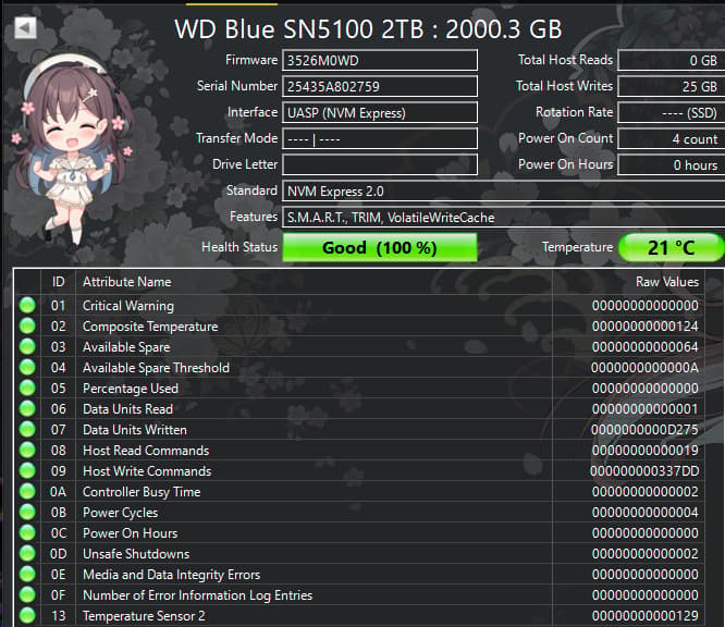 WD Blue SN5100 2TB NVMe M.2 SSD – PCIe 4.0 – 100% Health – WDS200T5B0E