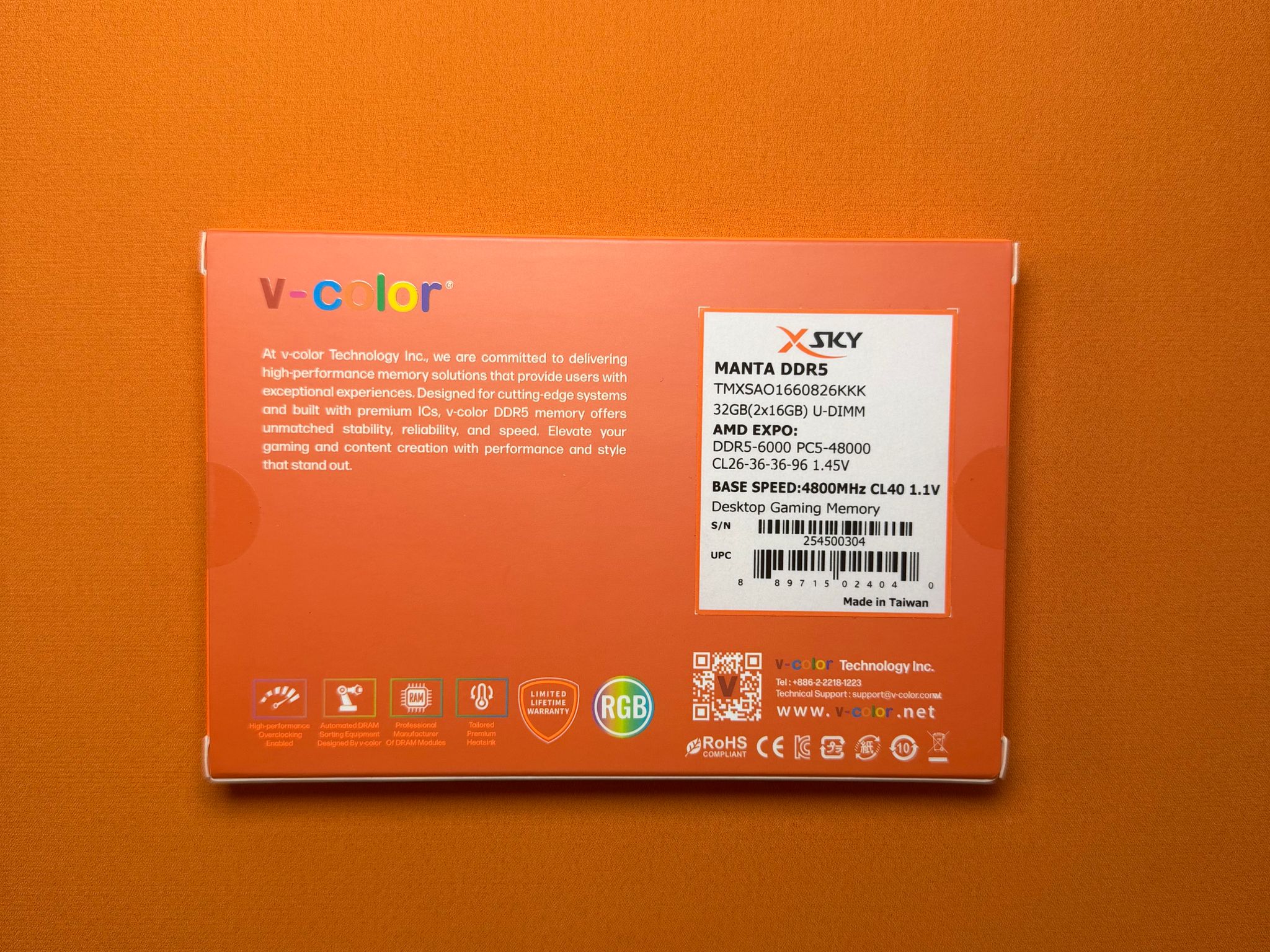 V-COLOR Manta XSky DDR5 32GB RAM (2x16GB) 6000MHz CL26 1.45V SK Hynix IC Gaming Memory