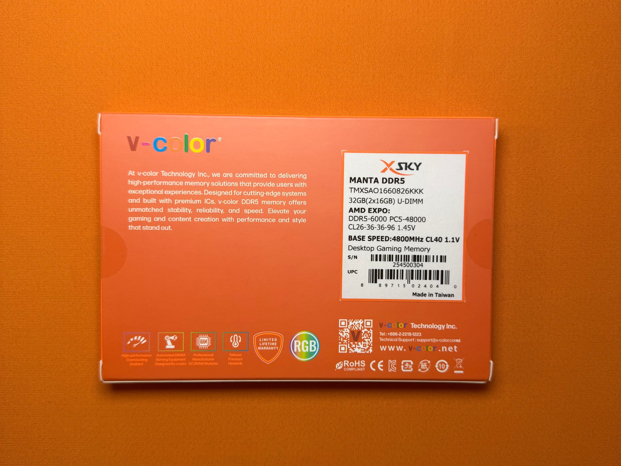 V-COLOR Manta XSky DDR5 32GB RAM (2x16GB) 6000MHz CL26 1.45V SK Hynix IC Gaming Memory