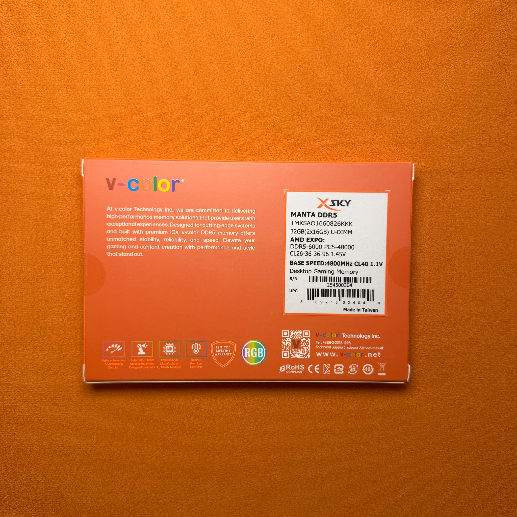 V-COLOR Manta XSky DDR5 32GB RAM (2x16GB) 6000MHz CL26 1.45V SK Hynix IC Gaming Memory