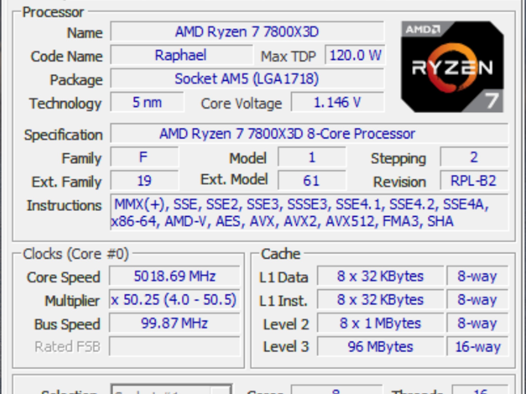 AMD Ryzen 7 7800X3D 8-Core 16-Thread 4.2GHz–5GHz AM5 Gaming CPU Processor
