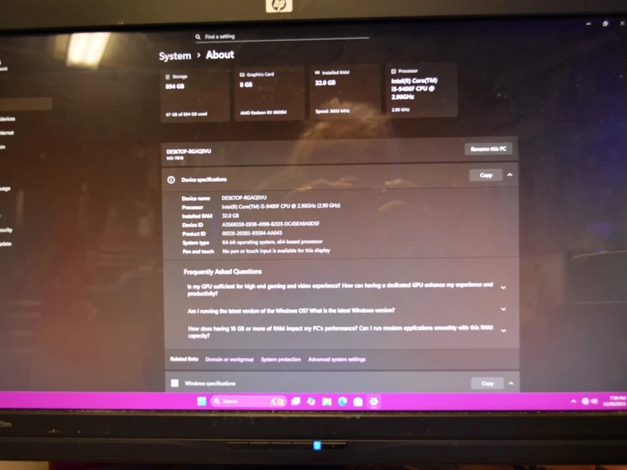 Gaming pc Intel I 5 9400 GPU RX 6600 8 GB 1 TB NVME 32Gb RGB ram 700 Watt PSU