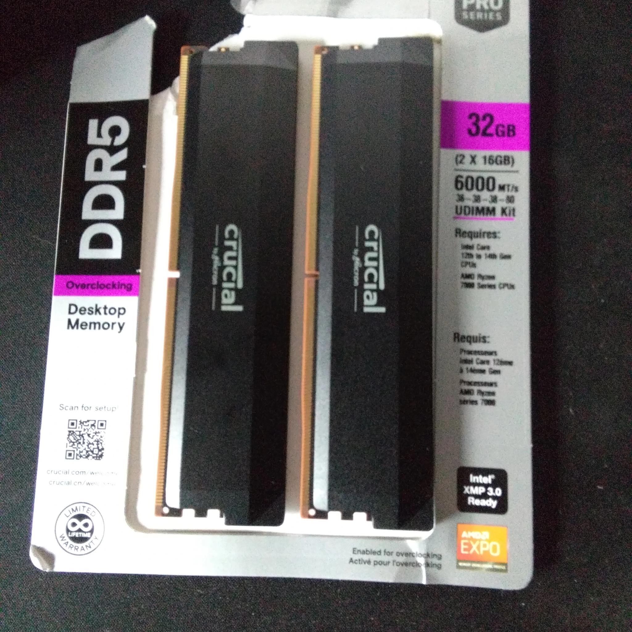 Crucial Pro Overclocking 32GB (2 x 16GB) DDR5 6000 (PC5 48000) Desktop Memory Model CP2K16G60C36U5B