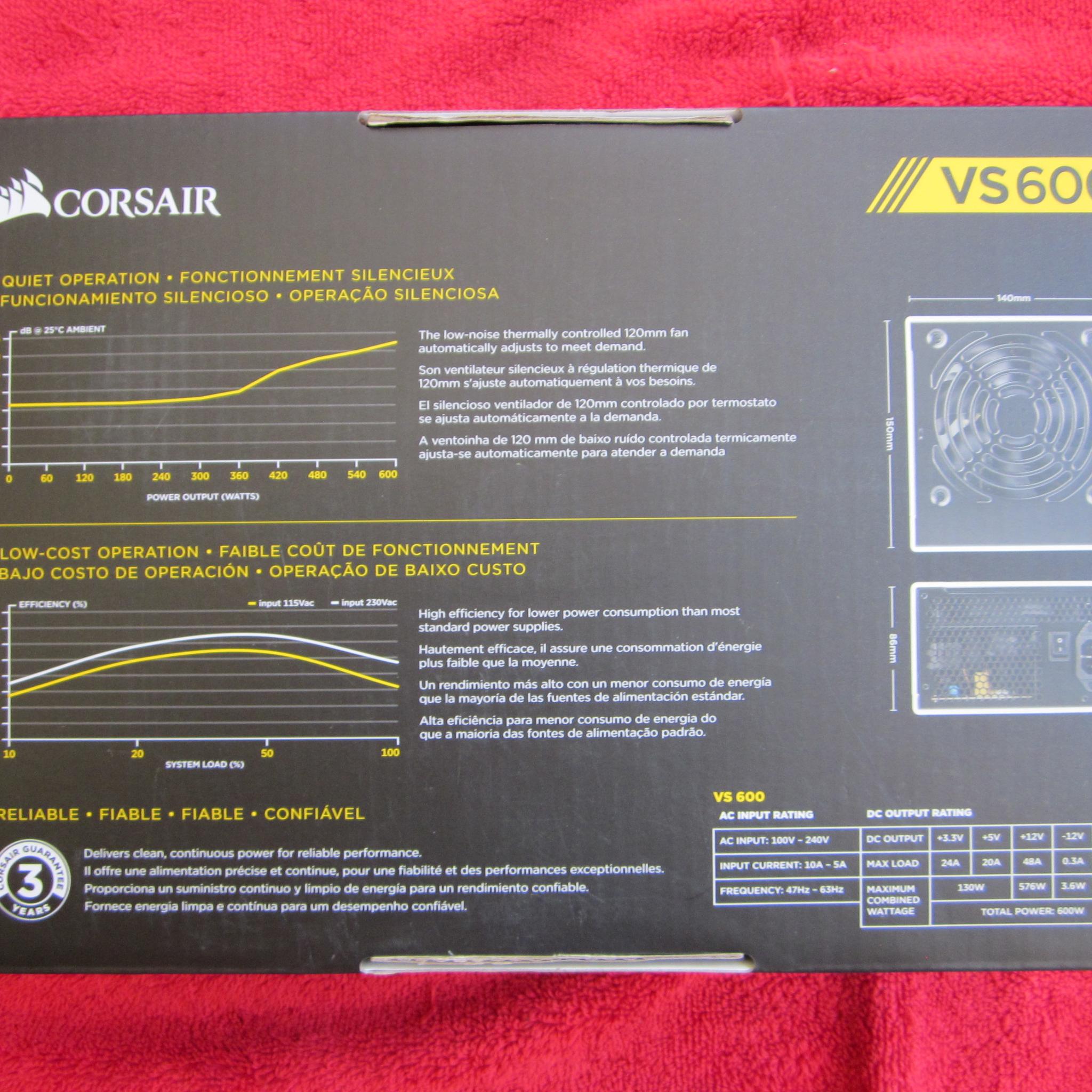 NEW! CORSAIR VS600 80 PLUS 600W Power Supply