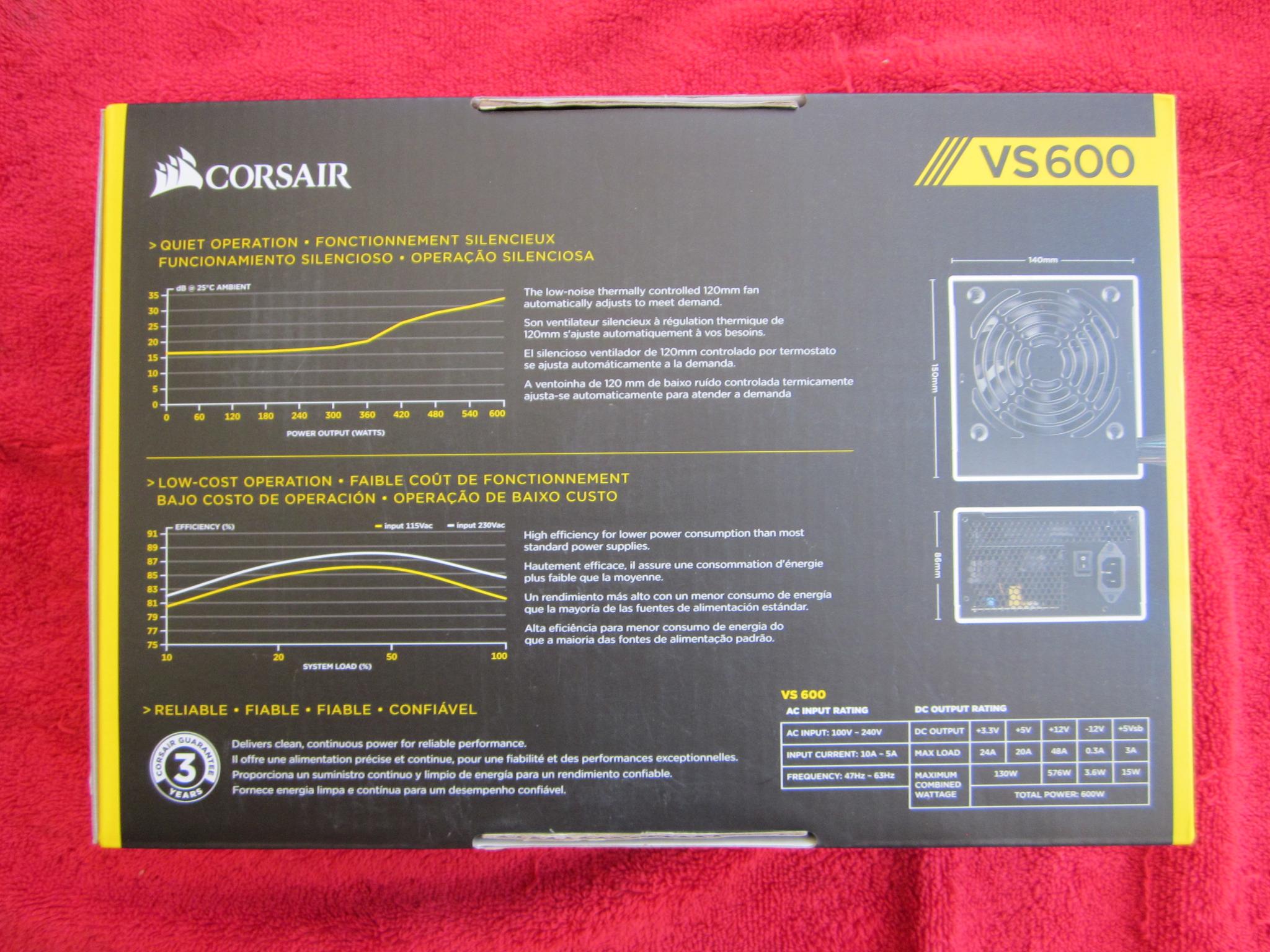 NEW! CORSAIR VS600 80 PLUS 600W Power Supply