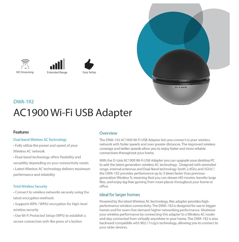 D-Link AC1900 Ultra Wi-Fi USB 3.0 Dual Band Wireless Network Adapter