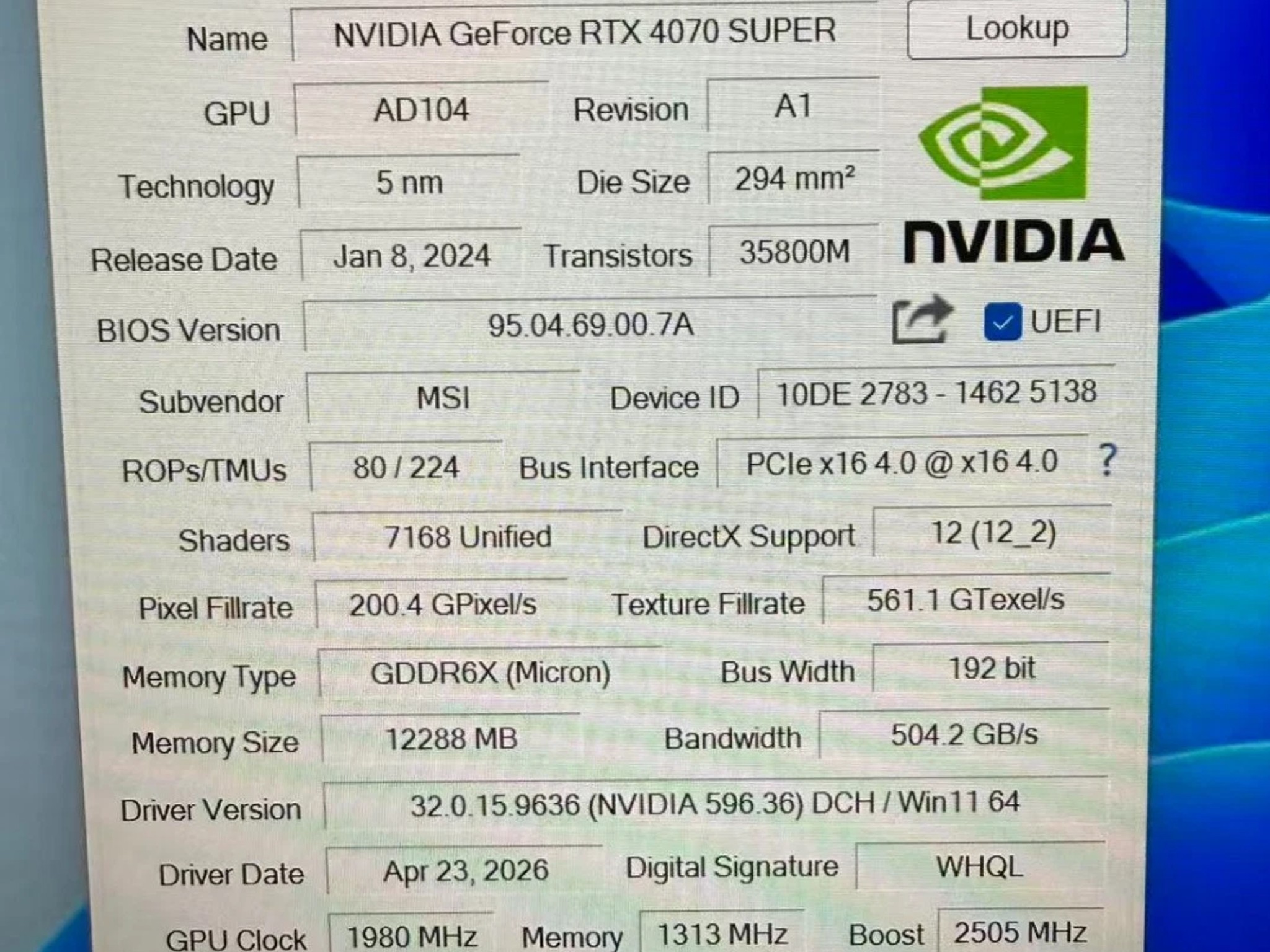 MSI GeForce RTX 4070 SUPER 12GB OC Ventus 2X GDDR6X PCI Express Graphics, GPU