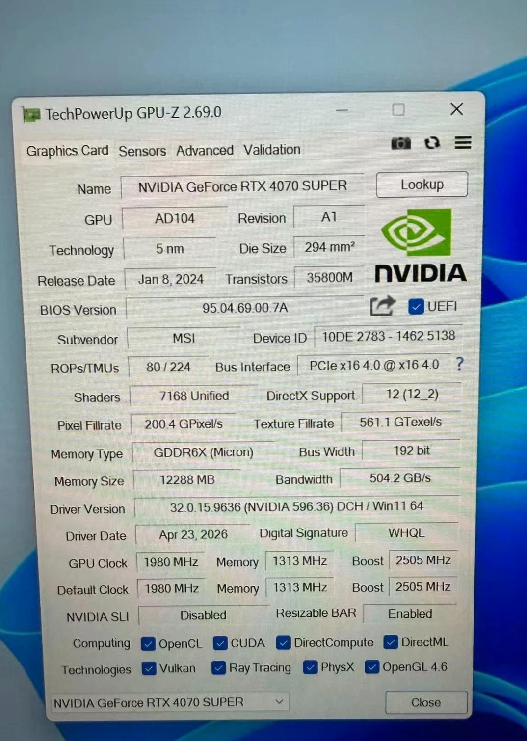 MSI GeForce RTX 4070 SUPER 12GB OC Ventus 2X GDDR6X PCI Express Graphics, GPU